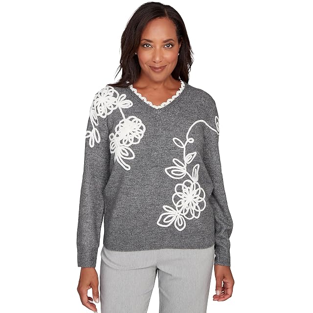 Alfred Dunner Womens Ruffle V-Neck Floral Soutache Sweater