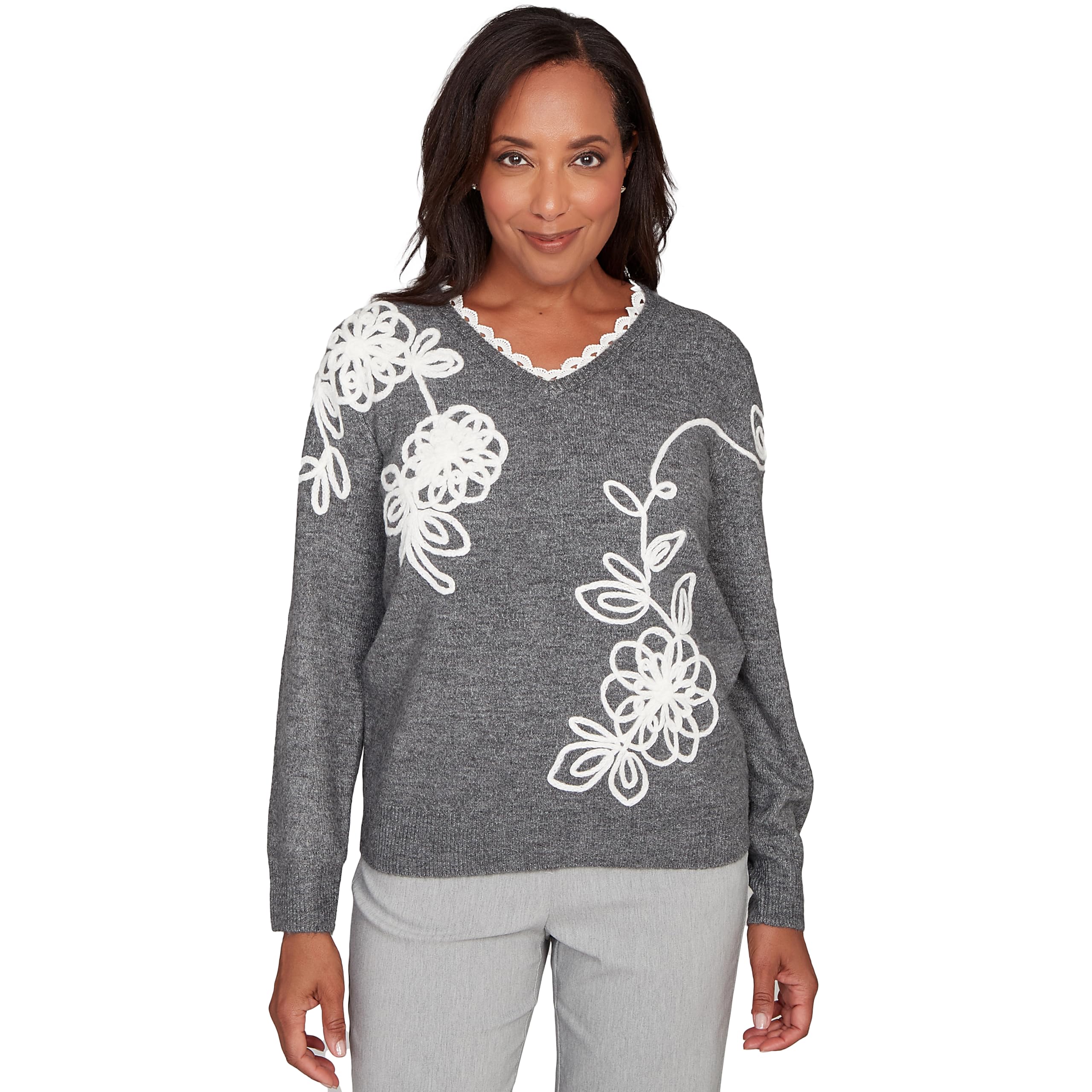 Alfred Dunner Womens Ruffle V-Neck Floral Soutache Sweater