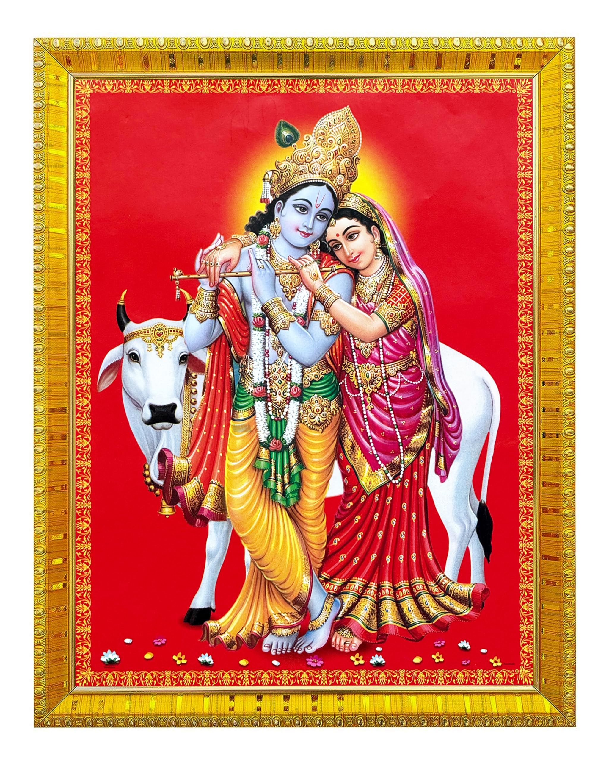 Koshtak Radha Krishna With Cow & Bansuri/Krishna Radha Photo Frame With Glossy Lamination On Poster With Golden Frame For Puja Room/Temple/Wall Hanging/Gift/Home Decor/Worship Size 30cm x 23 cm…