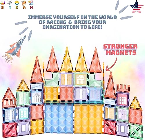 Miniatura 6 de Azulejos magnéticos de castillo medieval, 100 piezas de bloques de construcción magnéticos para niños con automóvil, formas geométricas, figuras