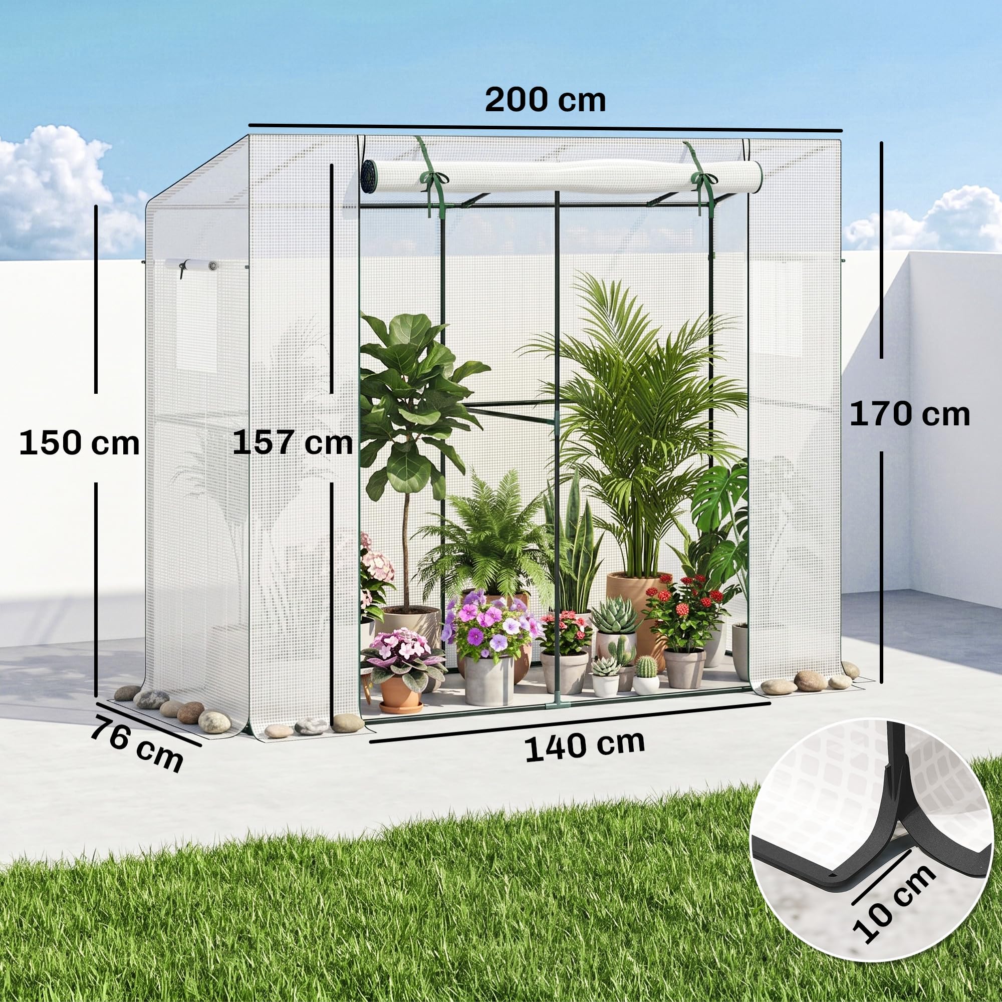 Outsunny Gewächshaus mit Rolltür 2 Fenster Winterfest 200x76x170cm Weiß | Foliengewächshaus aus Stahl, Treibhaus für Balkon Garten, Tomatenhaus mit UV Schutz, Tomatengewächshaus für Gemüse Blumen