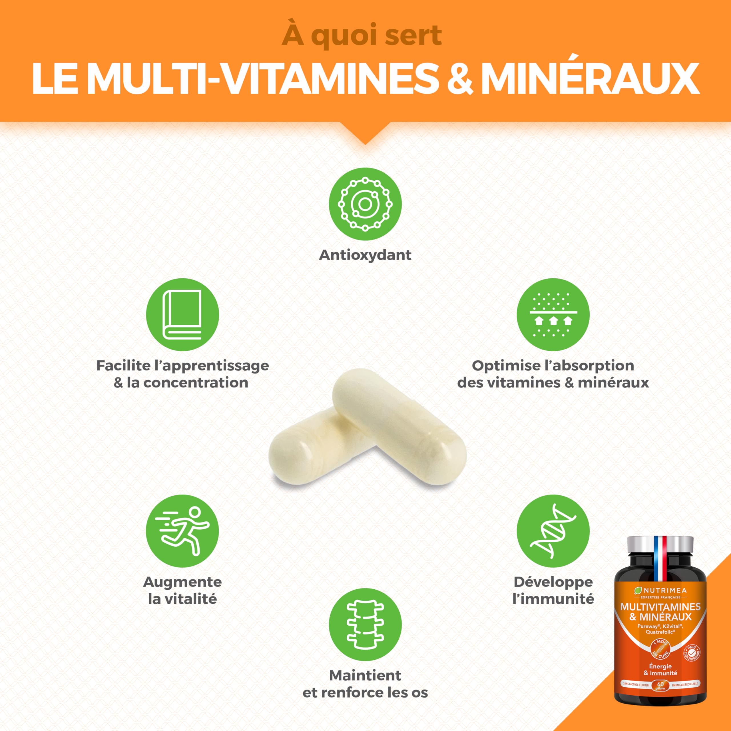 Multivitamines et Minéraux – 26 Nutriments - Vitamines A, B, C, D, E, K + Fer, Chrome, Magnésium & Zinc + Choline, Lutéine & Ginseng - Energie, Vitalité, Puissance - Fabrication Française - Nutrimea