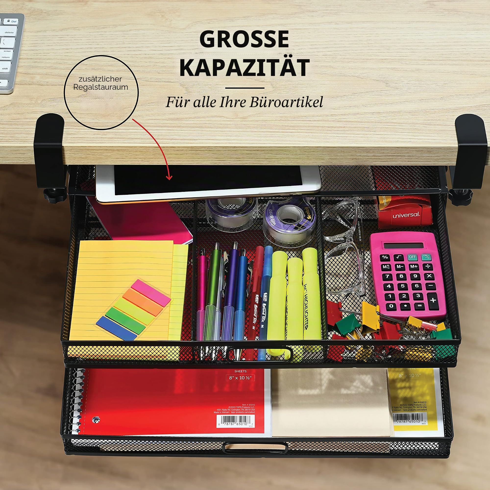 Schubladen-Organizer zum Anklemmen, Netz-Metall-Schreibtisch-Schubladenbefestigung, 2 Schubladen, ausziehbar, auf dem Schreibtisch oder unter dem Schreibtisch, Organizer für Bürobedarf und