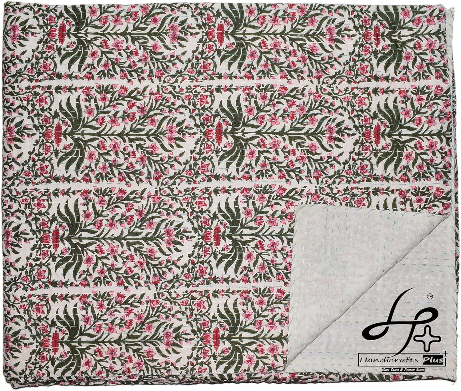 King Size Kantha Quilt New Indian Cotton Beautiful Gray Color Bedding Bedspread Handmade Coverlet Floral Print Bedspread 90x108''