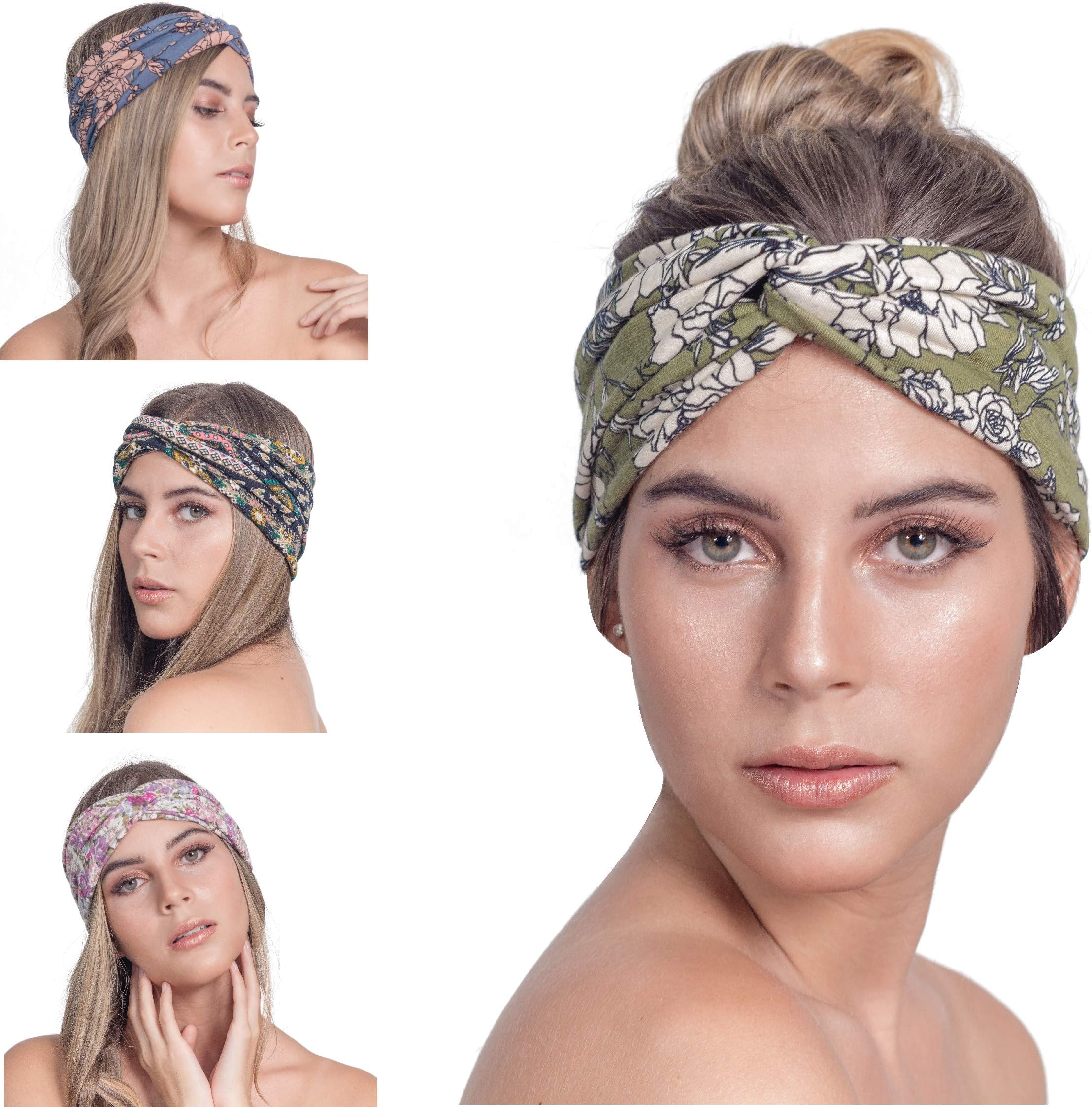4 Pack Boho Bandeau Headbands Wide Thick Knotted Head wraps Stretch Turbans Cute Twisted Hair wraps Bandanas Criss Cross Head bands Fashion Designer Hair bands for Women Diademas para Mujer de Moda
