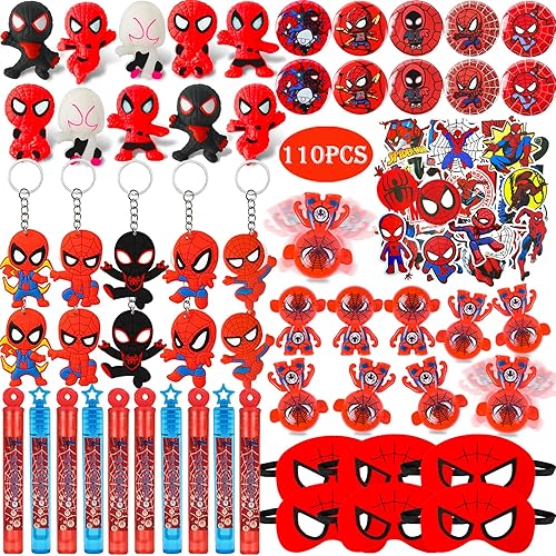 110 piezas de suministros de fiesta de cumpleaños de araña para niños varitas de burbujas regalo Mochi esponjoso vasos llaveros máscaras calcomanías