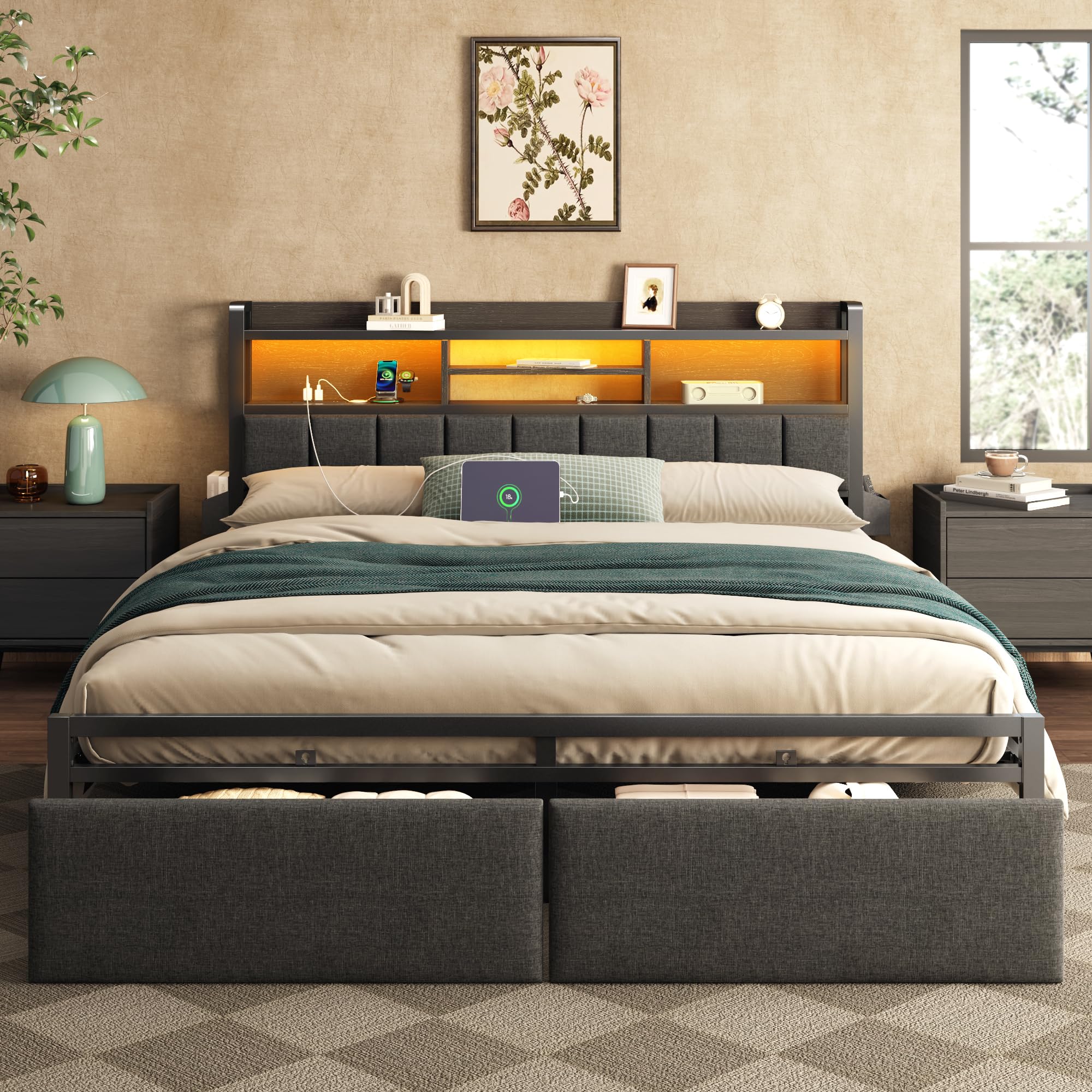 Furnulem King Bed Frame with storage drawers and built-in charging