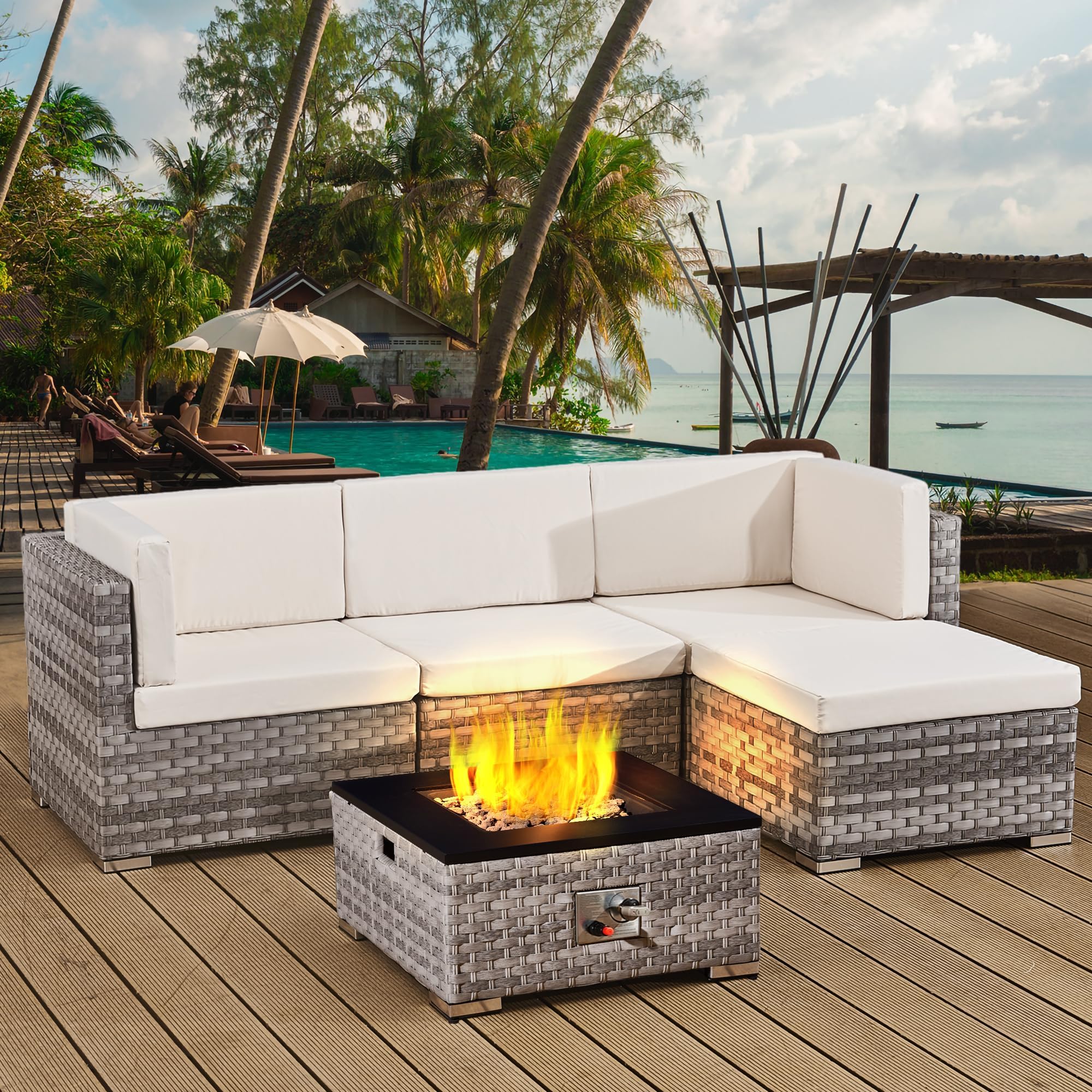 ASOWNSUN Rattan Garden Furniture Sets with Chair, Coffee Table, Cushions, All-weather Outdoor Corner 4 Seater Sofa Patio Conversation Sets