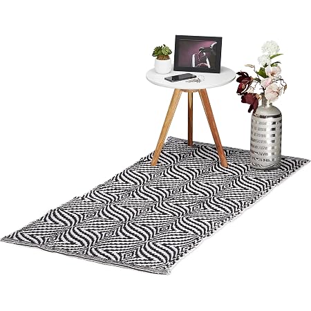 Relaxdays Teppich Läufer Baumwolle – 80x200 Cm, Schwarz-weiß Gemustert, Handgefertigt & Rutschfest