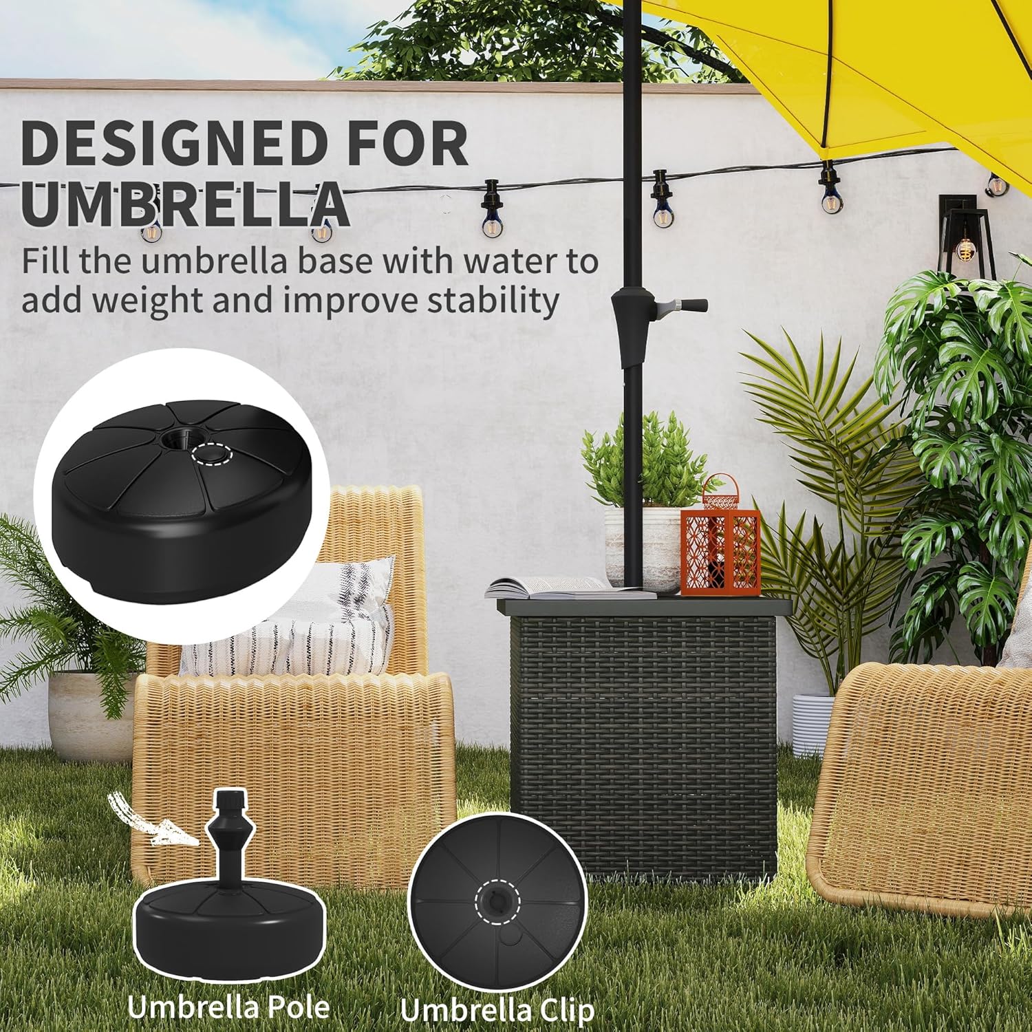 Outsunny All Weather Wicker Side Table with 1.5" Umbrella Hole, Square PE Rattan Outdoor End Table with Umbrella Base, UV-Resistant Frame, Storage Space for Patio, Garden, Poolside, Deck, Mixed-Brown