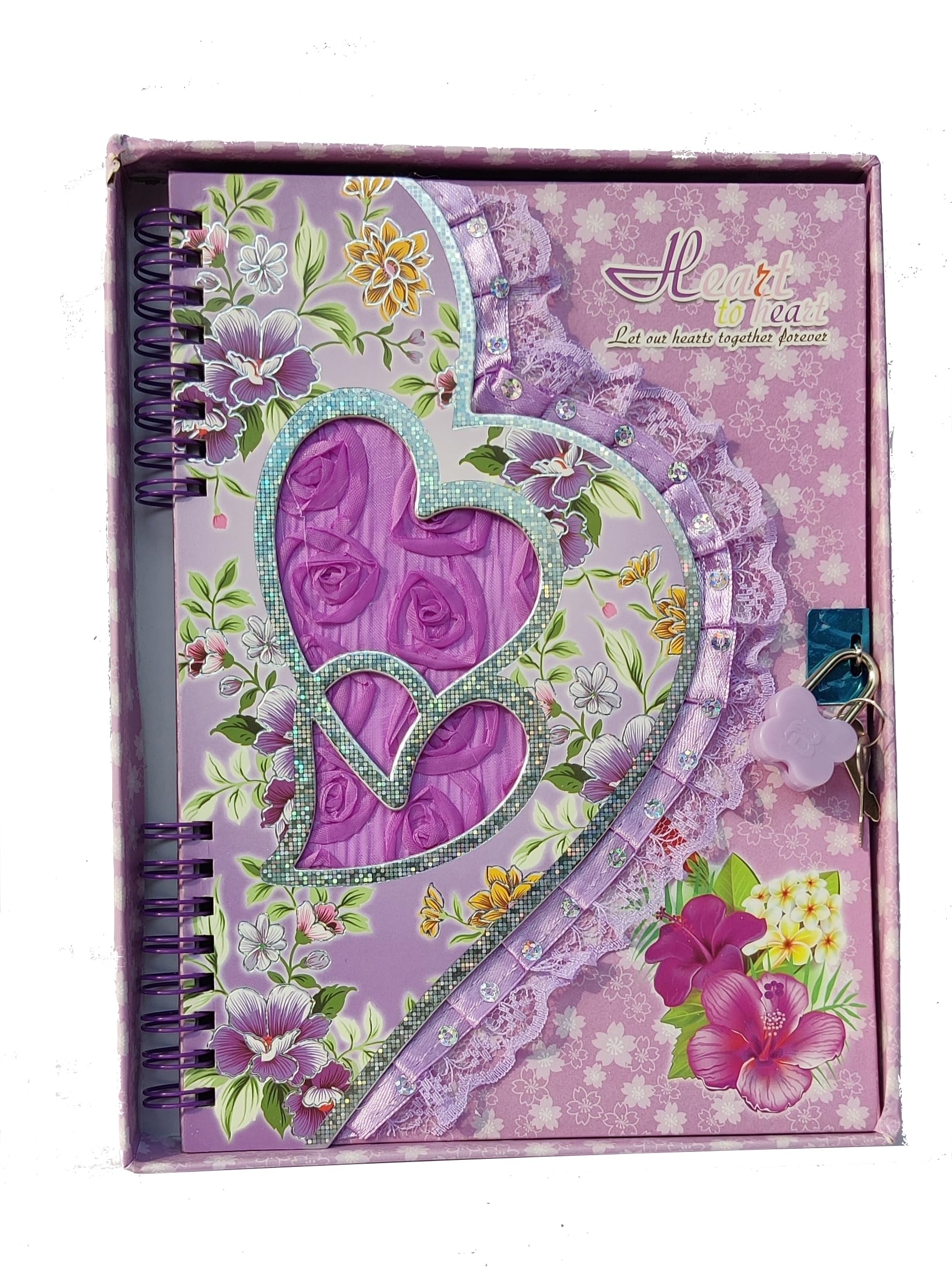 Mompa A5 Size Decorative Heart To Heart Bounded Cover Key Lock Diary/Notebook Gift For Valentine Love, Anniversary, Husband, Wife, Boyfriend, Girlfriend, Fiancee (Purple)