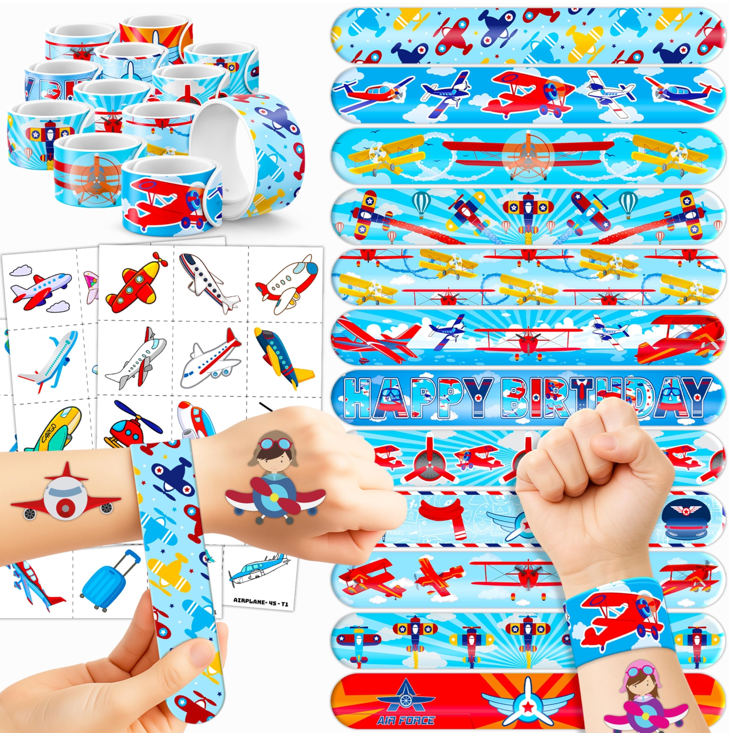 72PCS Airplane Party Favors - 48 Pre-cut Temporary Tattoos & 24 Airplane Slap Bracelets - Themed Birthday Party Supplies for Boys & Girls - Perfect Decorations, Gifts, School Prizes, Carnival Rewards