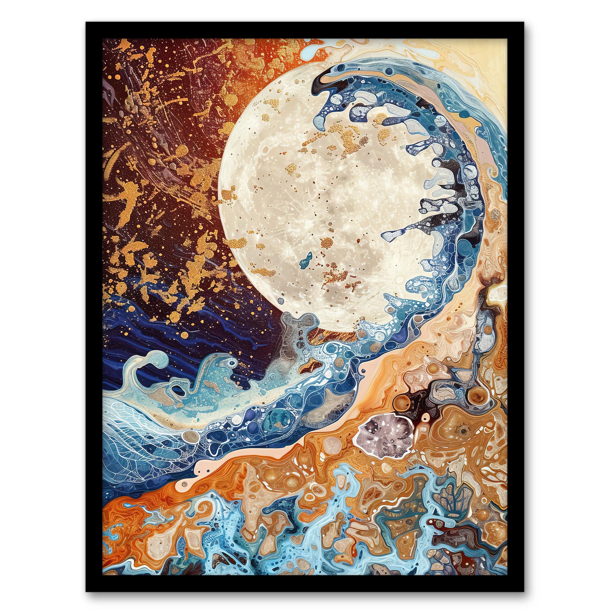 Gold Framed Art Print - Full Moon Great Ocean Wave Modern Art - A4 Size