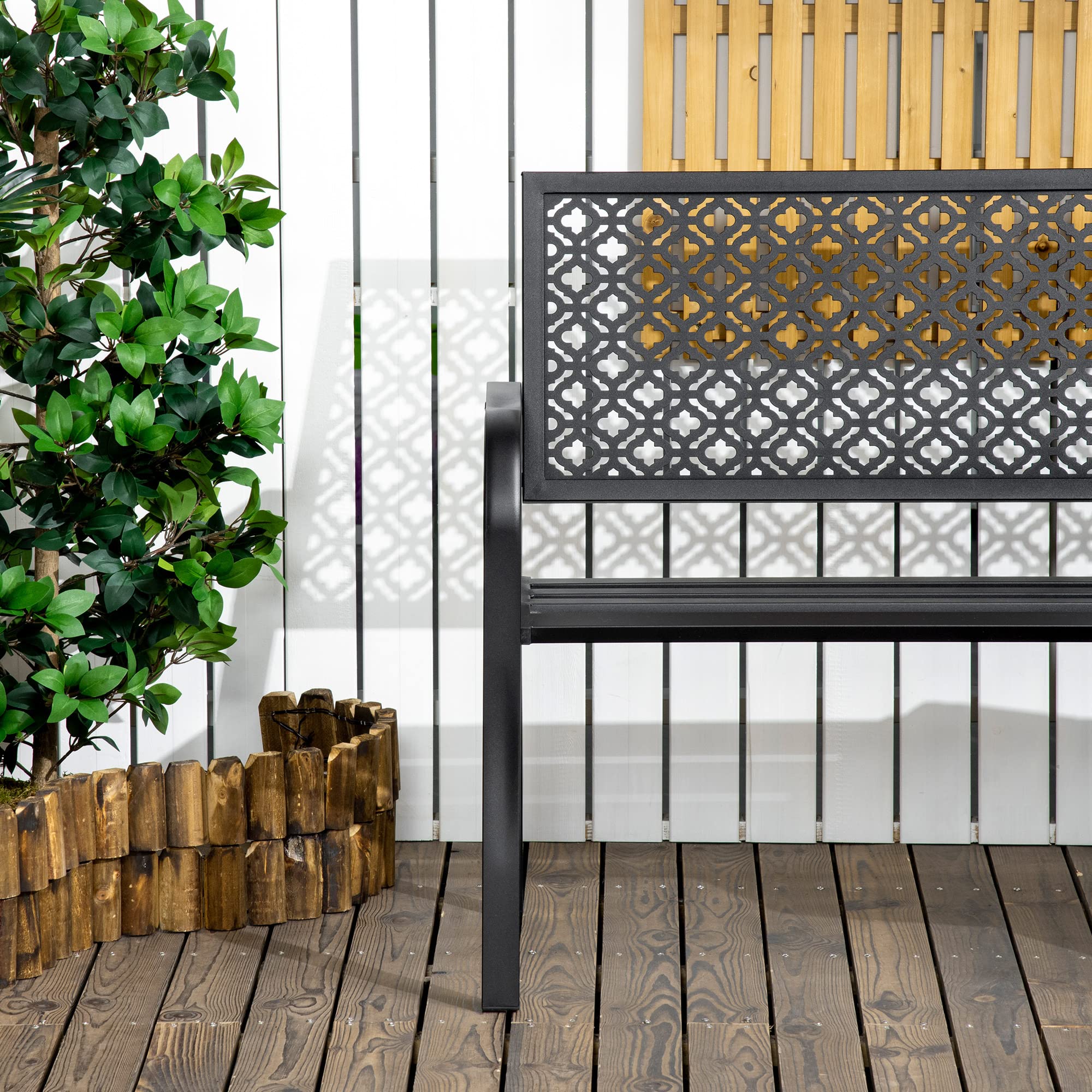 Outsunny Banco de Jardín de Acero Banco Exterior 127x63x83 cm Negro | 2 Plazas, Respaldo Decorativo Estampado, Terraza Balcón Patio, Carga 240 kg