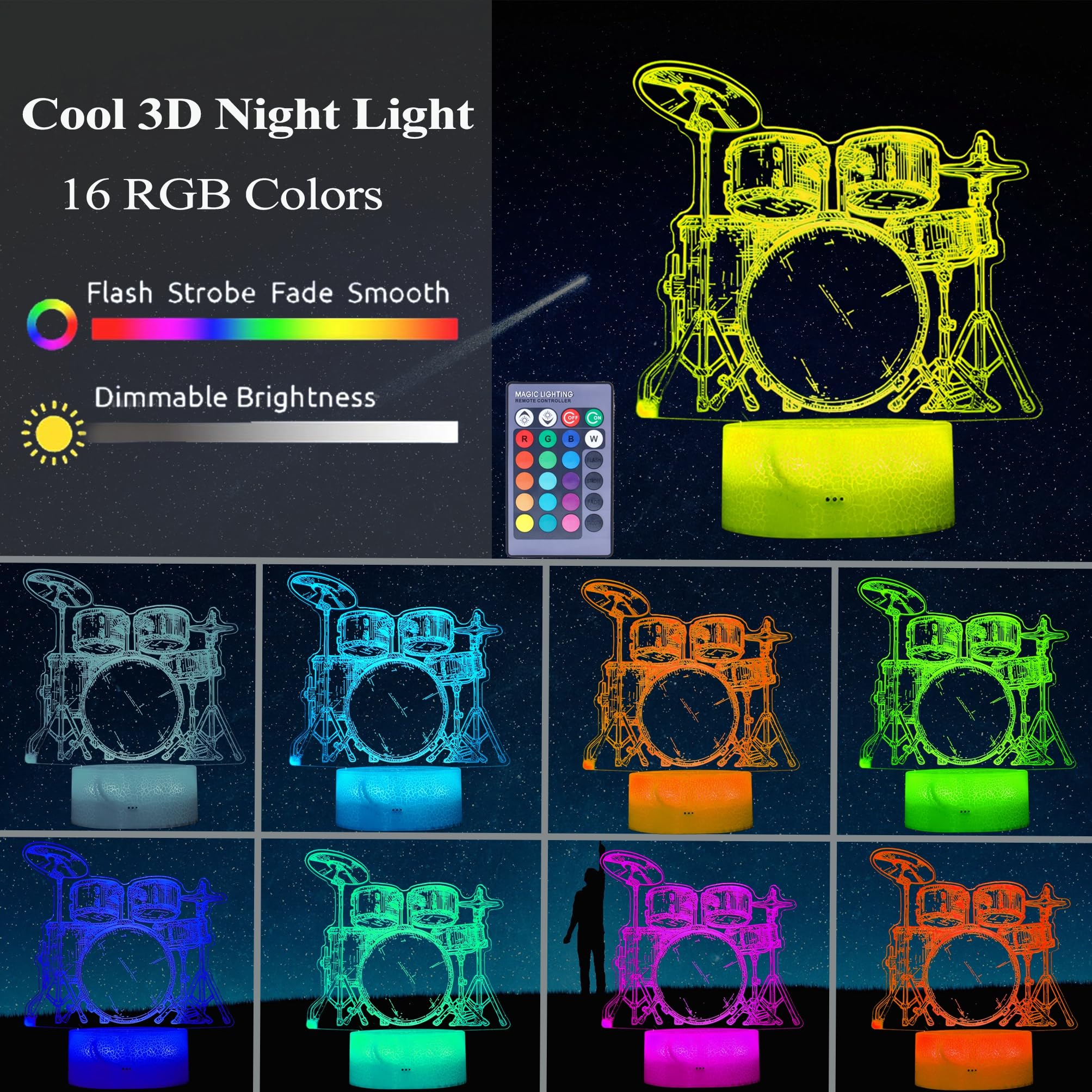 POSSHE Drum Night Light, Drummer Gifts, Drum 3D Illusion Lamp, 16 Colors Changing, Remote Control with Timer, Kids Room Musical Instrument Shop Music Decoration