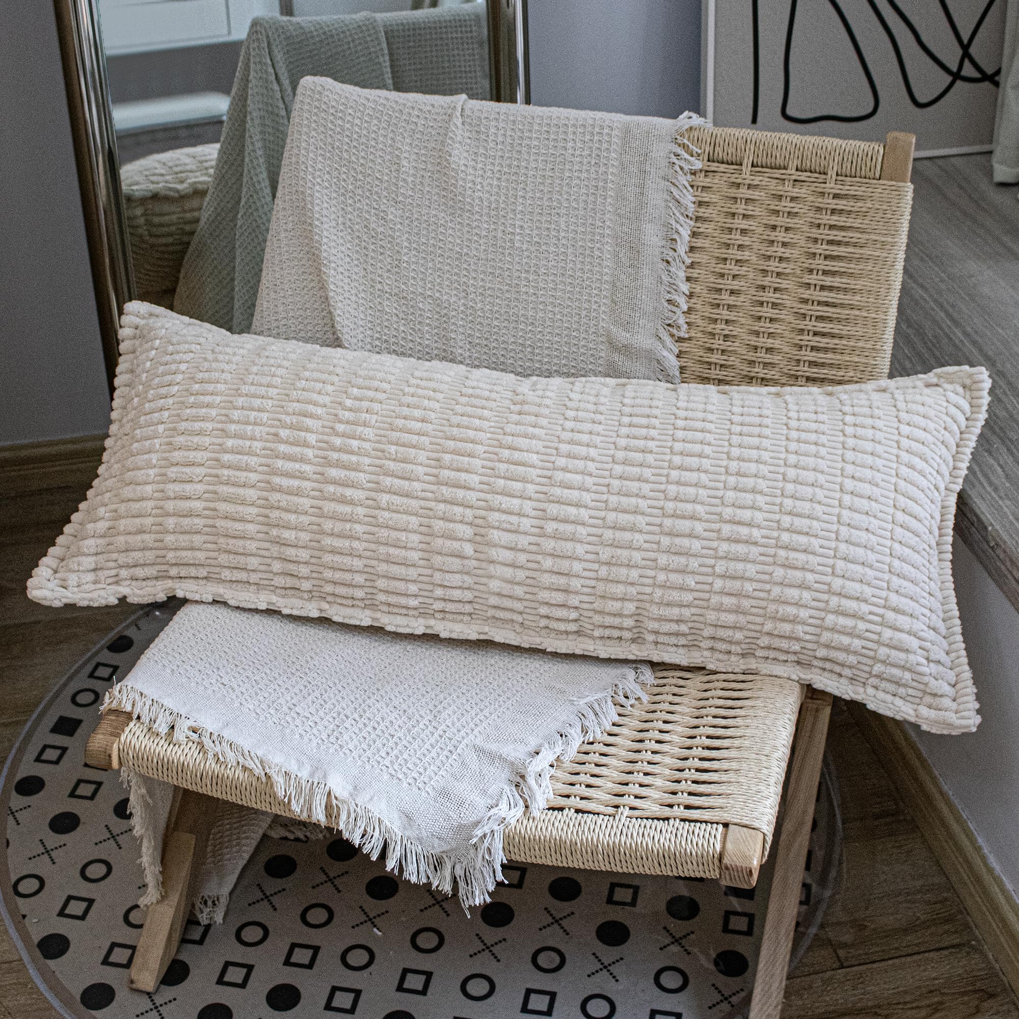 JoraLion Corduroy Trimmed Lumbar Pillow Cover 14 x 36 inch, Neutral Beige Decorative Chic Cozy Throw Pillow Cover Soft Luxurious Pillow Case Home Decor for Sofa Bed Room Livingroom, ONLY 1 Cover