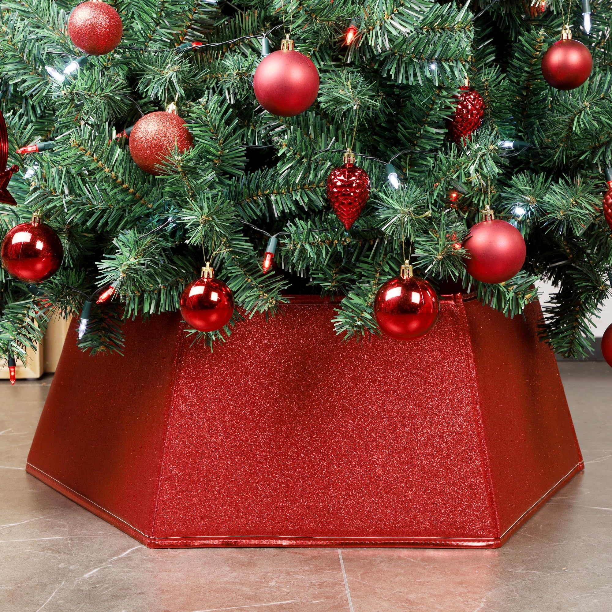 Blissun Fabric Christmas Tree Collar, Hexagonal Christmas Tree Ring, Glittering Willow Christmas Tree Skirt for Christmas Tree Decorations (Glitter Red)