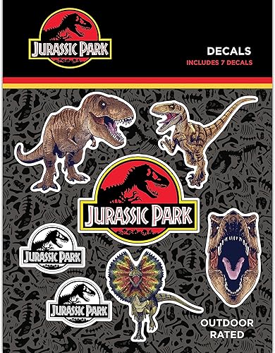 Calcomanías con licencia de Parque Jurásico - Juego de 7 dinosaurios y logotipos, calcomanías de vinilo impermeables para auto, camión, botella de