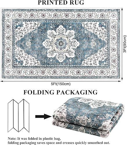 Miniatura 2 de Ileading Alfombra bohemia vintage de 3 x 5 pies, lavable a máquina, alfombra de pelo bajo, no desprende pelusa, antideslizante, para sala de estar,