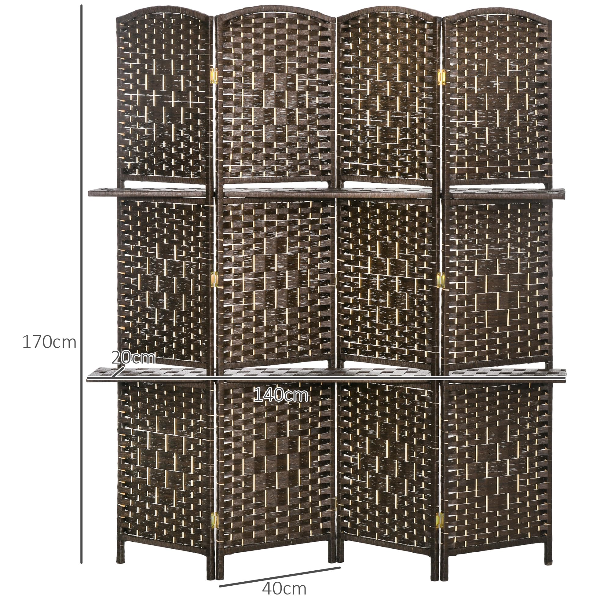 HOMCOM Biombo Separador de Ambientes de 4 Paneles 160x170 cm con 2 Estantes de Exhibición Pantalla de Privacidad Plegable Divisor para Oficina Dormitorio Marrón