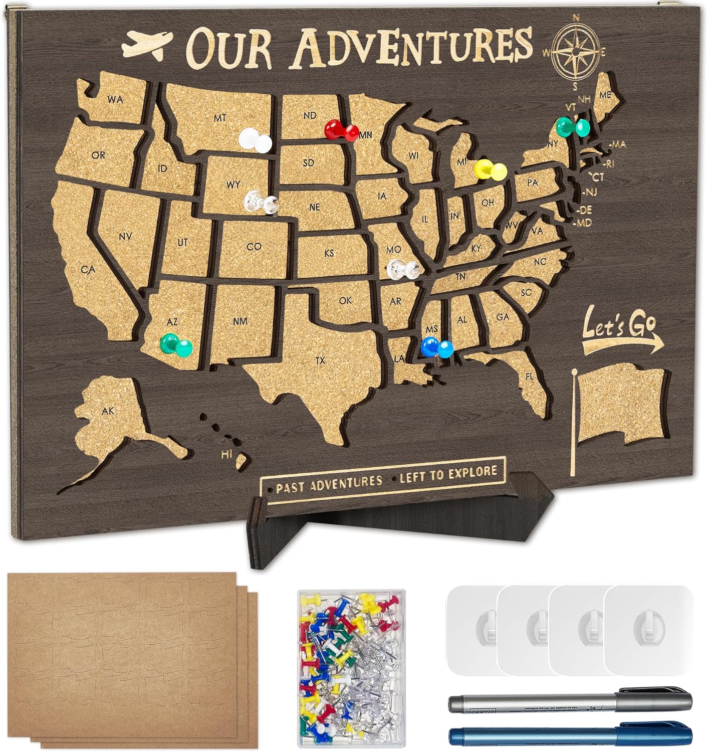 USA Travel Map with Pins,Thickened Wooden RV Map of States Visited,United States Map for Couples Travelers Families,50 States Travel Tracker, Wall Decor 12'' X 8'' Brown,Mothers Day Gift