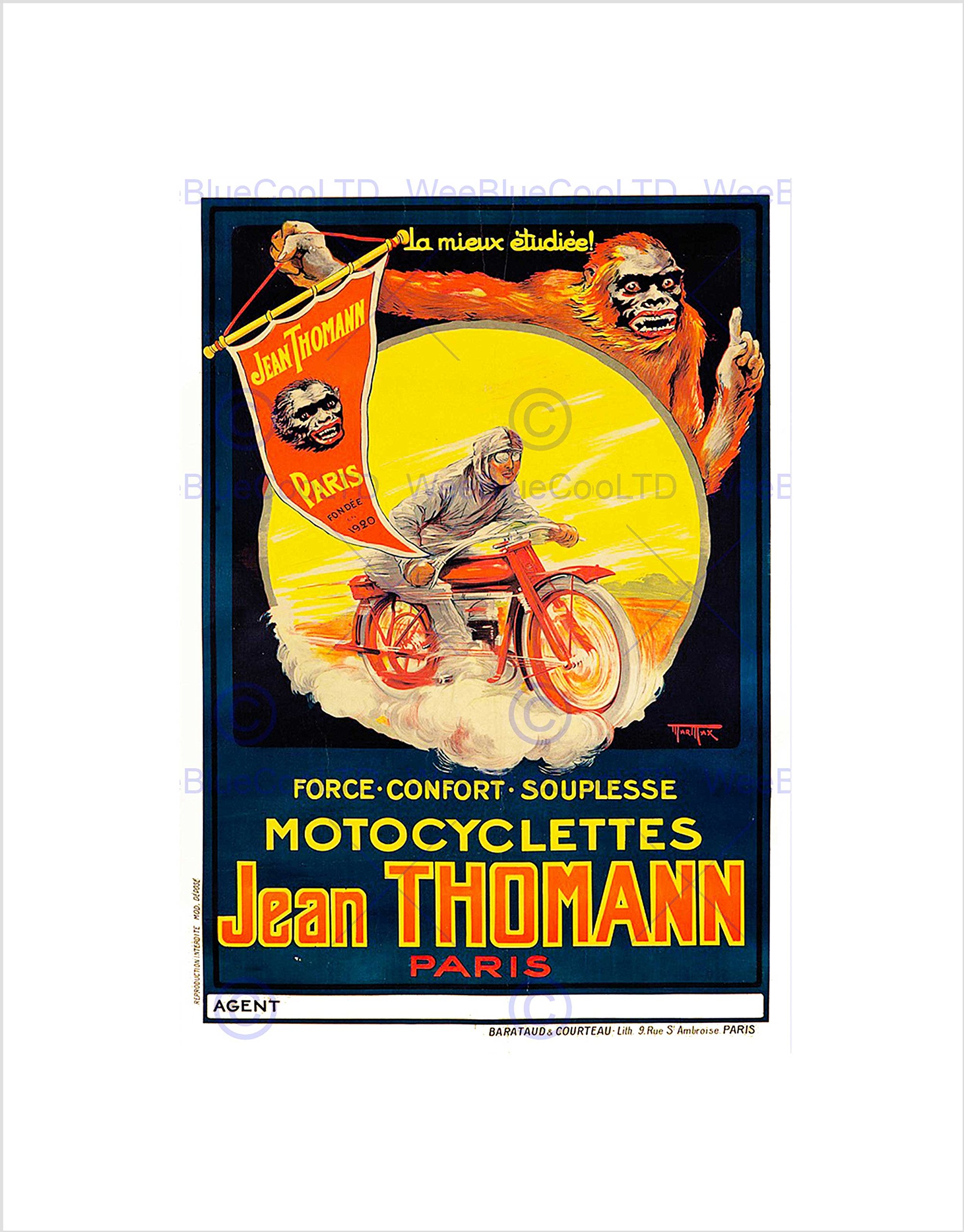 Wee Blue CooAdvert Transport Thomann Motorcycle Bike France Monkey Wall Art Print