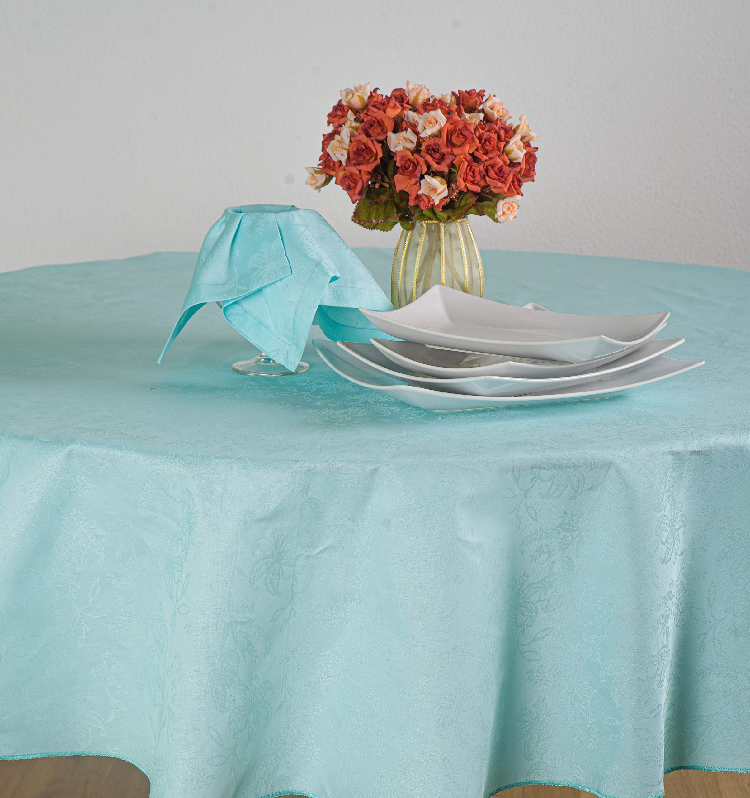 ESSE HOME - Ligne Confestyl - Nappe avec 8 serviettes (Service de table) - Ronde - Jacquard Pur Coton - Made in Italy - Produit artisanal - IRIS 598 (0/170, Service Vert)