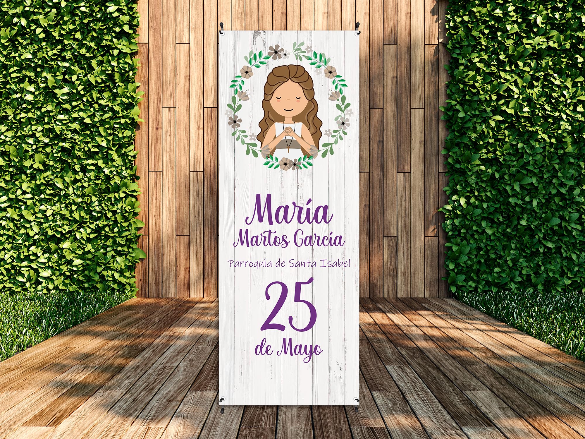 Oedim Xbanner Comunion Personalizada Imitacion Madera, 80x180cm, Fabricado en Lona con Soporte X Banner, Expositor Publicitario Desmontable
