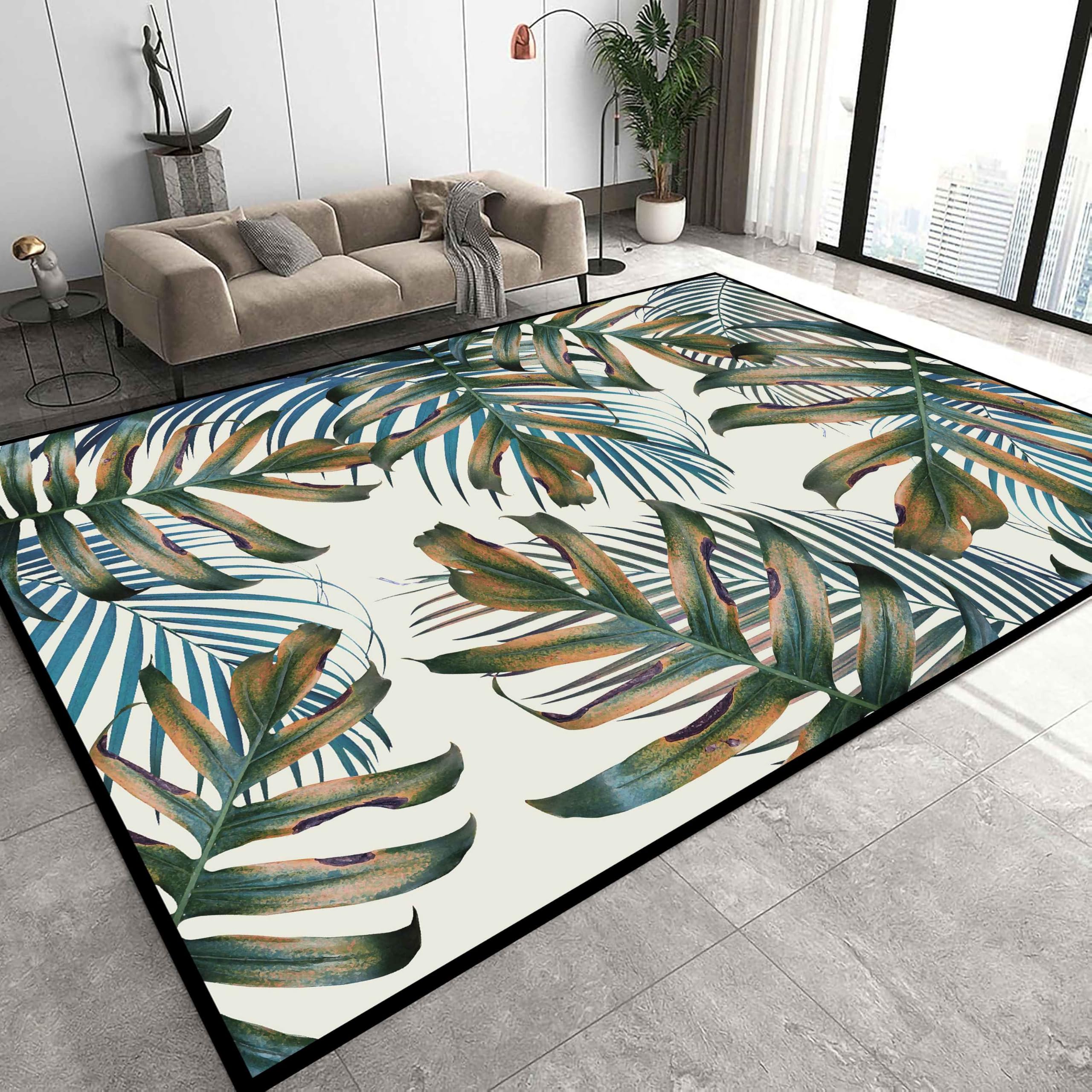 Plant Leaves Area Rug 180x230cm Green Burnt Leaf Monstera Palm Leaves Creative Rugs Boho Giant Plant Leaf Decoration, Washable Floor Carpet, Anti-Slip Mats for Living Room Bedroom Dining Room