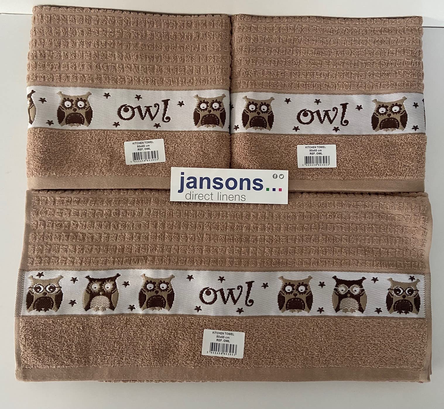 100% Cotton 3 Pack Owl Design Kitchen Hand Tea Towels in Latte Riggs