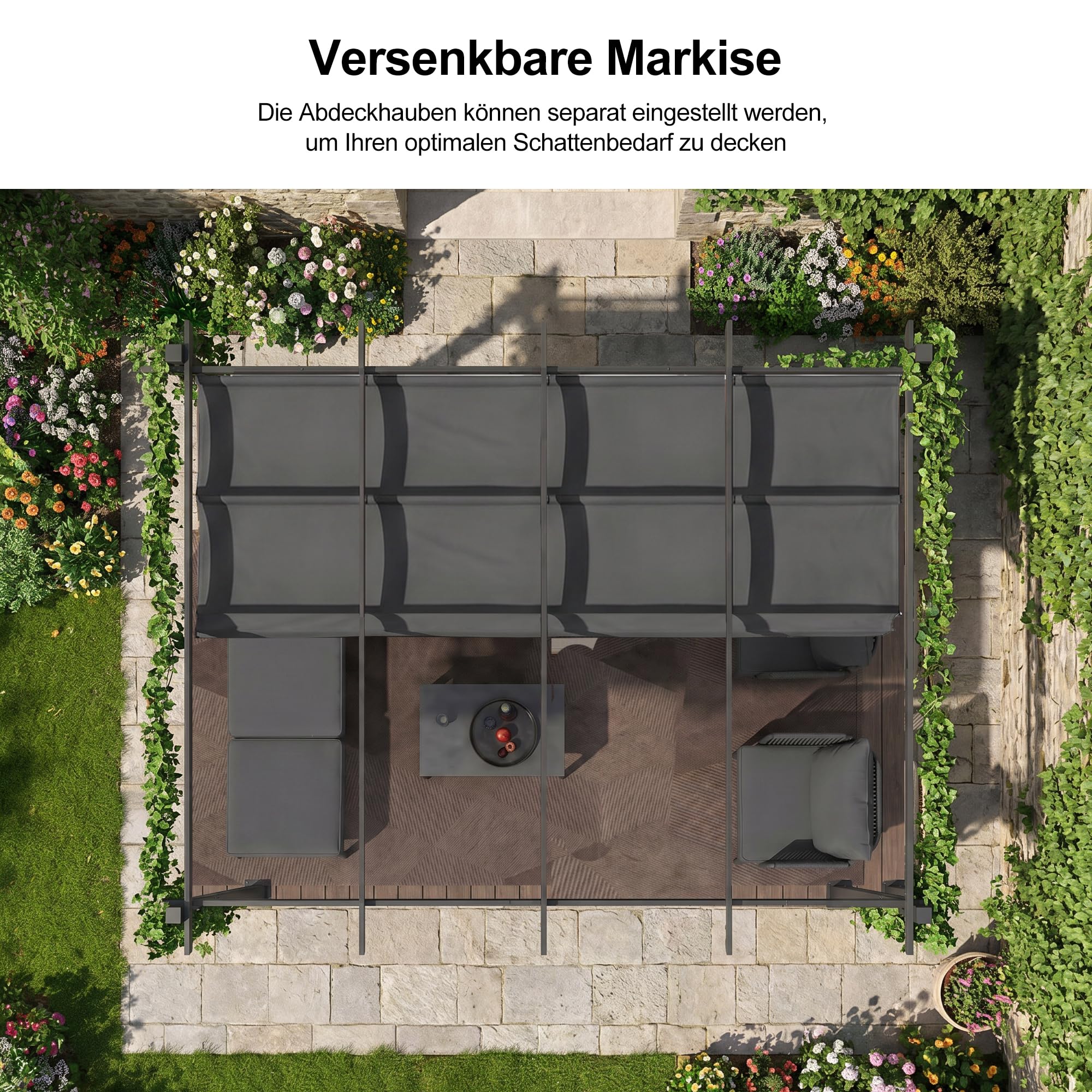 PURPLE LEAF Pergola Aluminium, 3.65 X 4.85 m Wasserdicht Stabil Winterfest Partyzelt, Gartenpavillon mit Sonnenschutz Überdachung, Grau