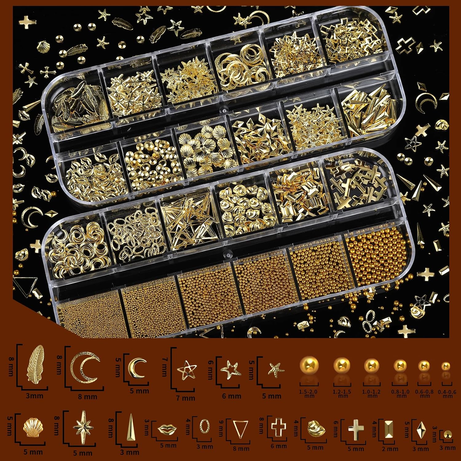 Teenitor Gold Nail Charms and Gems Set, 4 Boxes Nail Gems Nail Pearls Nail Art Tools, 3D Cross Nail Charms Heart Nail Rhinestones for Nails Supplies, Charms for Nails Design Nail Art Kit