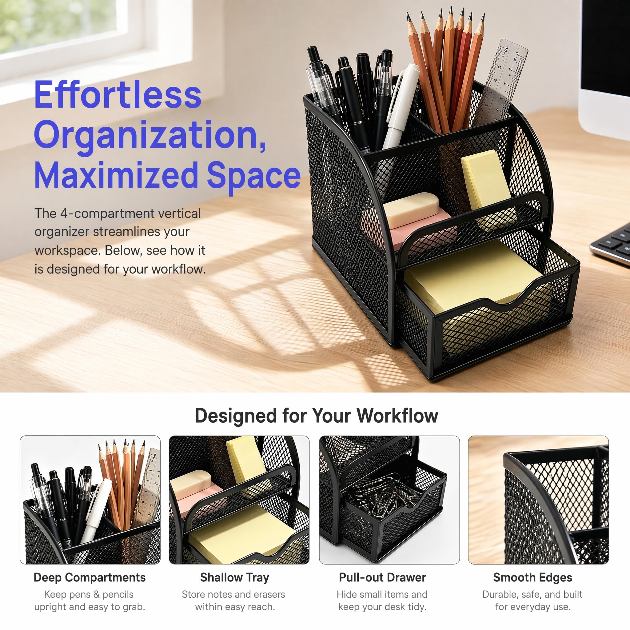 Schreibtisch Organizer Schreibtischorganizer Schwarz Stifte Tisch Organizer Metallgitter Stiftehalter mit 4 Fächern & Schublade stiftebox Mesh Metall Desktop für Büro Zubehör Zuhause Schule