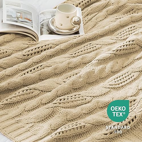 Miniatura 7 de Amélie Home Manta verde para sofá, manta de punto trenzado hueco, suave, acogedora, ligera y transpirable, decorativa de primavera para sofá,