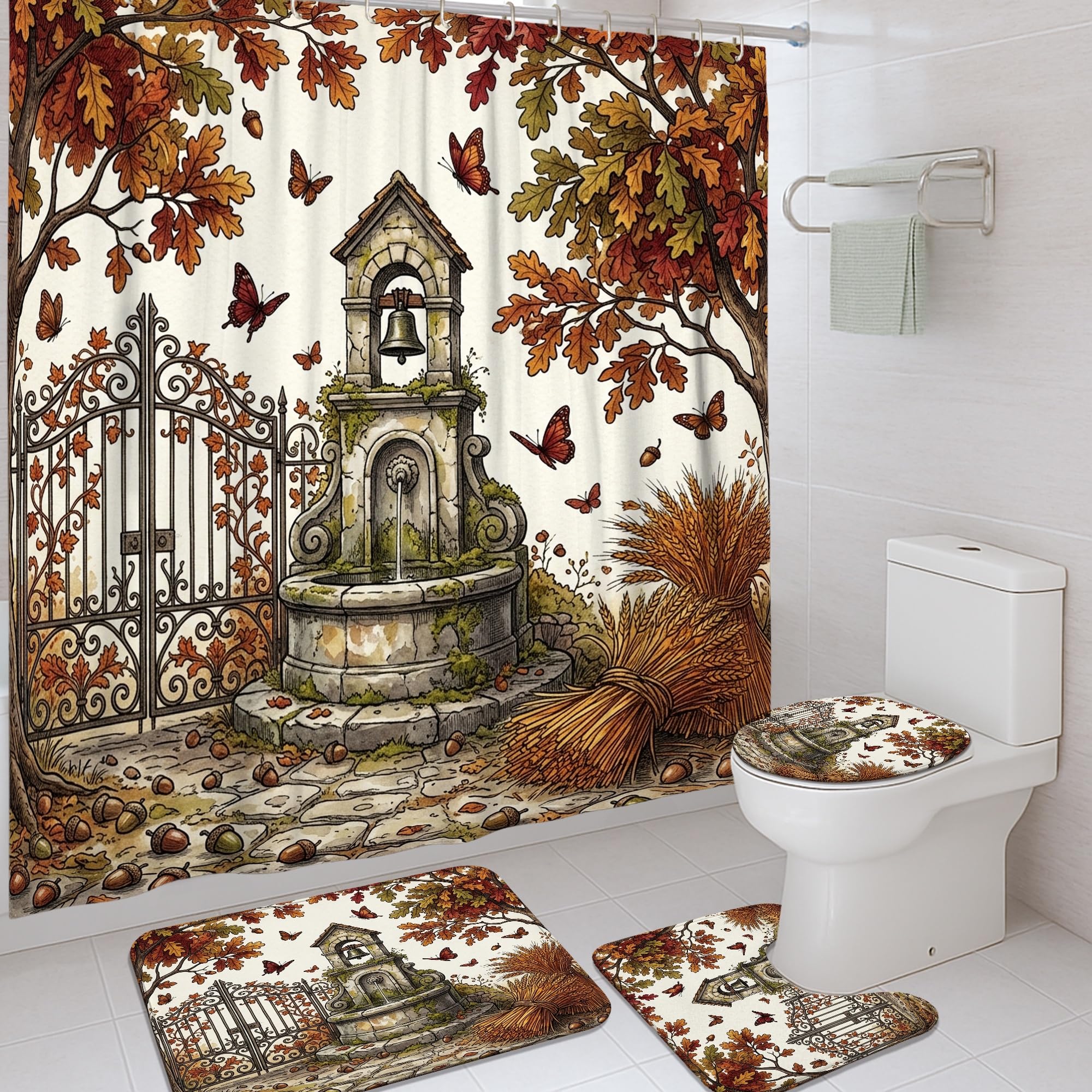 Rideau de douche rustique marron 183x183 avec tapis de bain nature