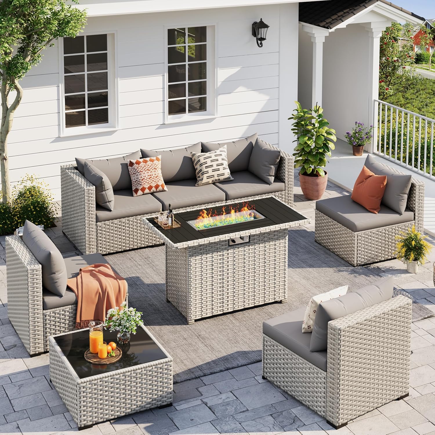 UDPATIO Outdoor Patio Furniture Set, 7-Piece PE Wicker Sectional Sofa with Tea Table, Outdoor Conversation Set for Patio, Garden, Backyard Green