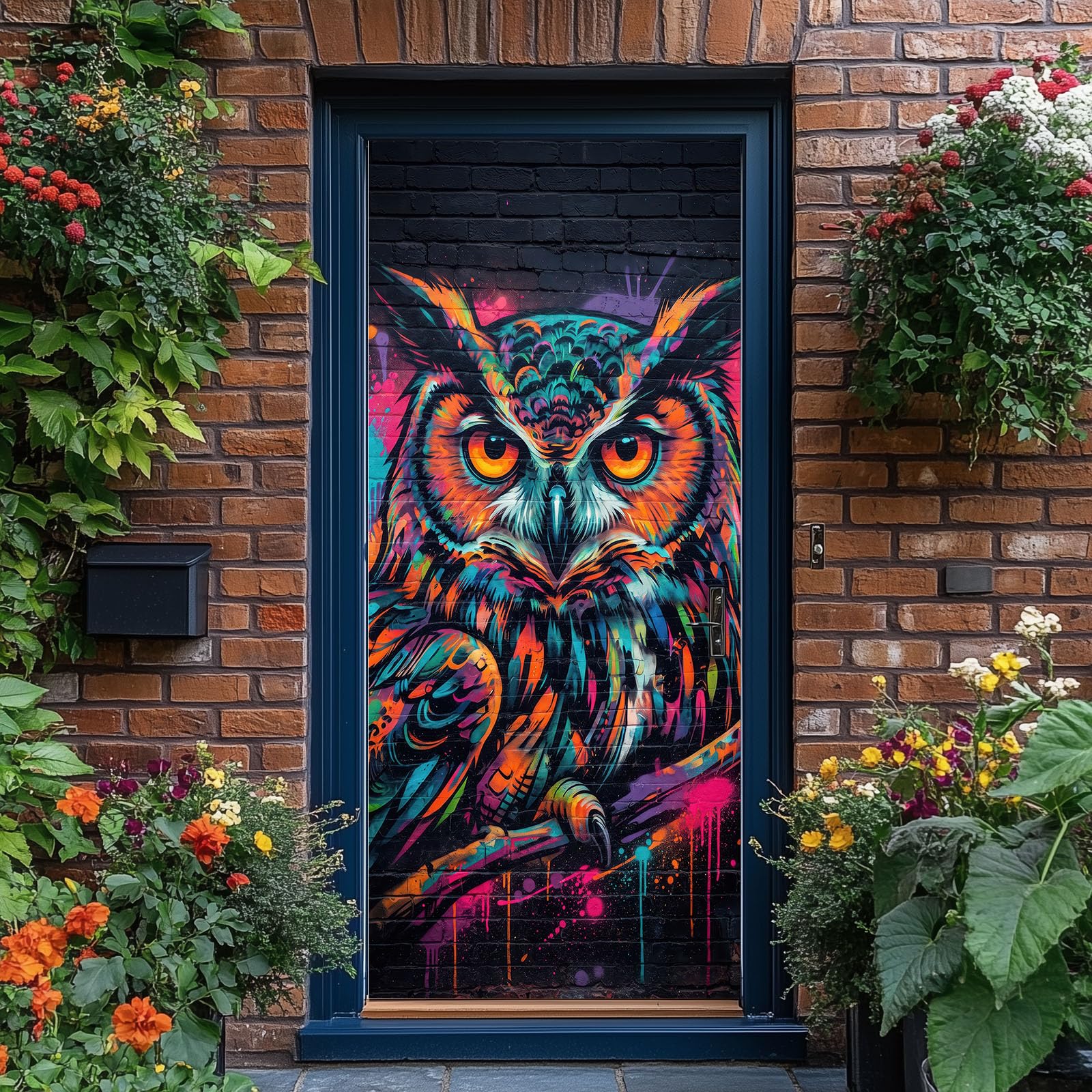 Samoprzylepna naklejka na drzwi 3D 90x200 cm - powłoka samoprzylepna do drzwi kreskówka zwierzę graffiti graffiti, naklejka ścienna na drzwi czarna zwierzę sowa, pcv dekoracyjna sztuka ścienna do