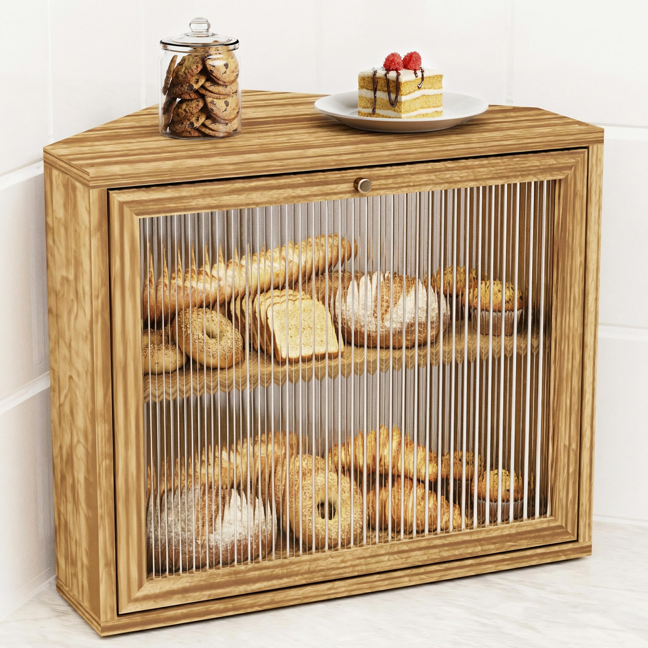 Boite a Pain, 2 Étages Boite a Pain Bois, Grand Cuisine Boîte de Rangement à Pain, Boîtes à Pain D'angle Peu Encombrante pour Pain Maison, Rangement de Cuisine sous les Placards