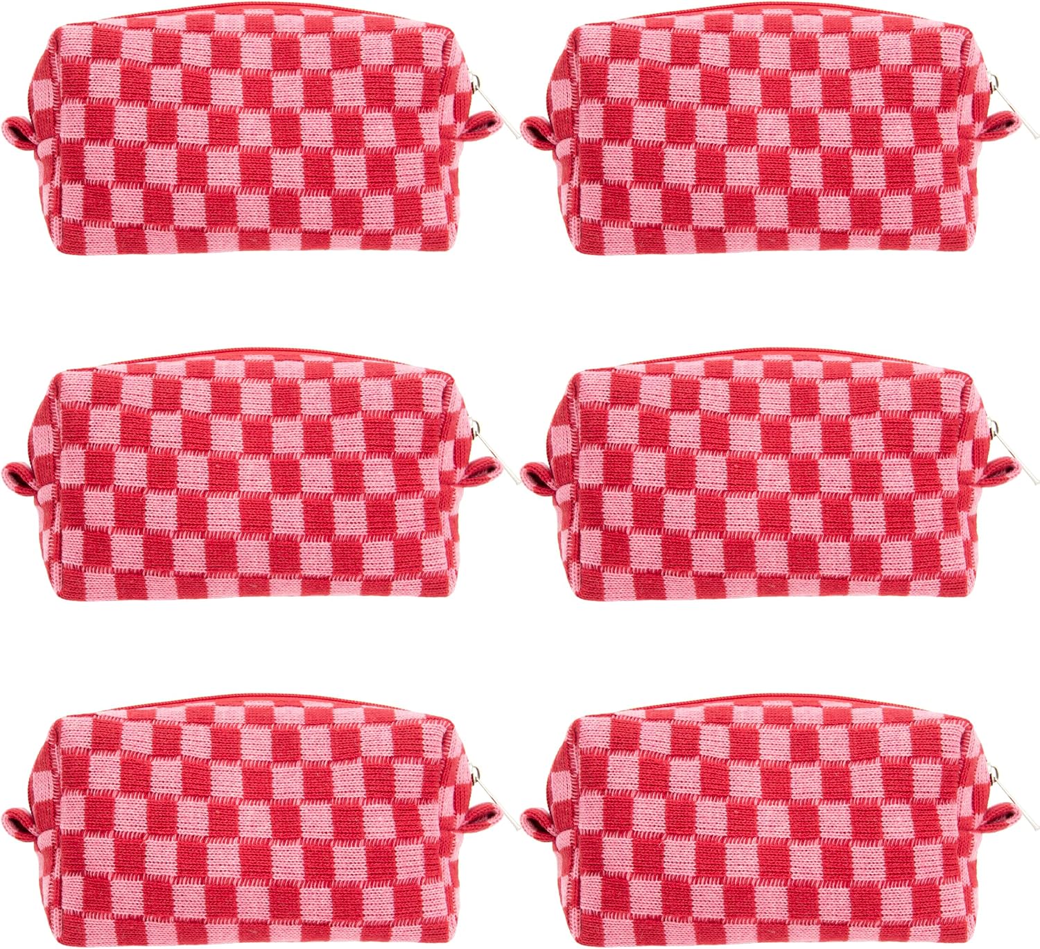 Checkered Makeup Bag for Purse, Small Travel Cosmetic Pouch,Red Pink,6 Pack