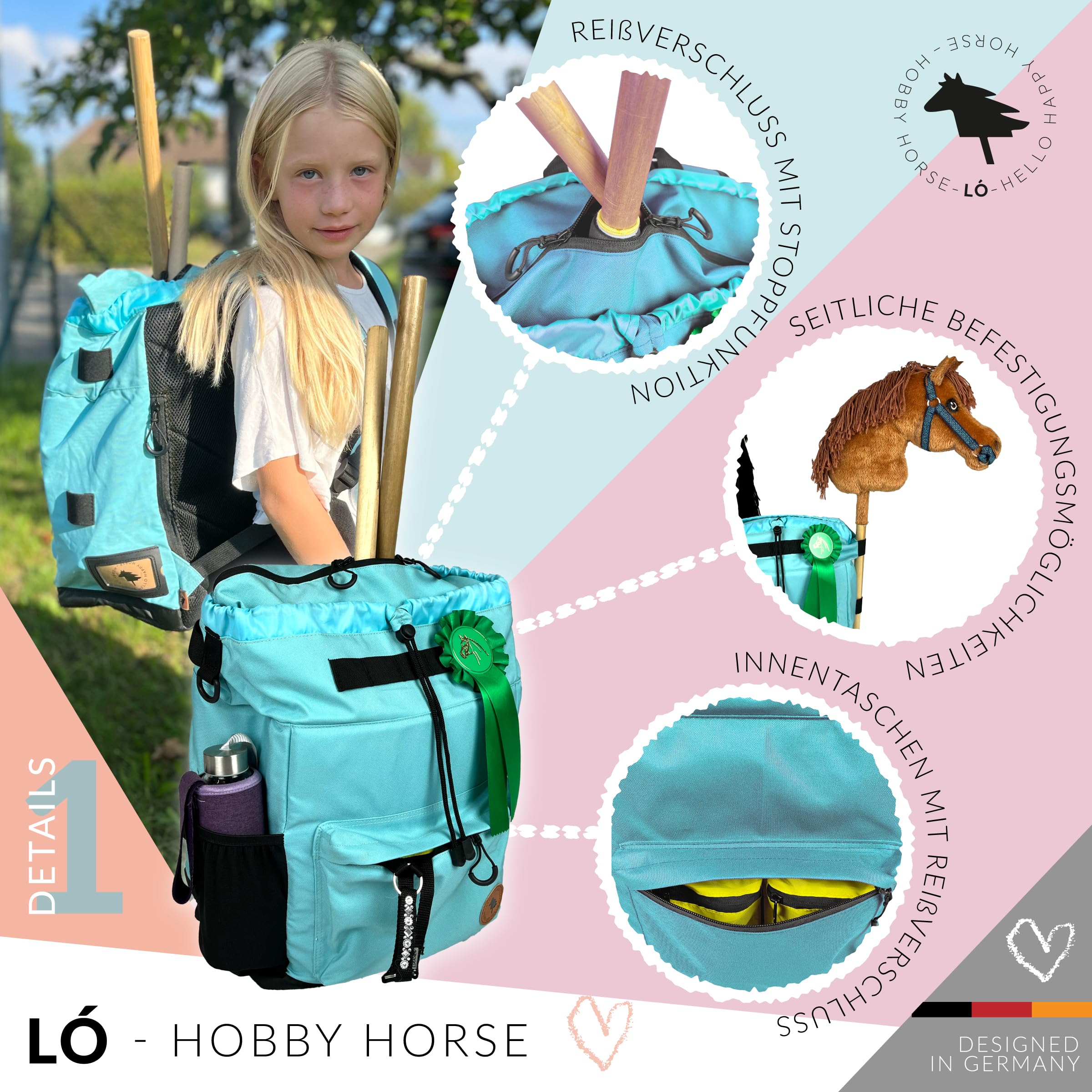 Driver13 LÓ Hobbyhorse Rucksack Steckenpferd, Hobbyhorsing Tasche, Transport bis 4 Hobbyhorses, Aruba Blau/Hell