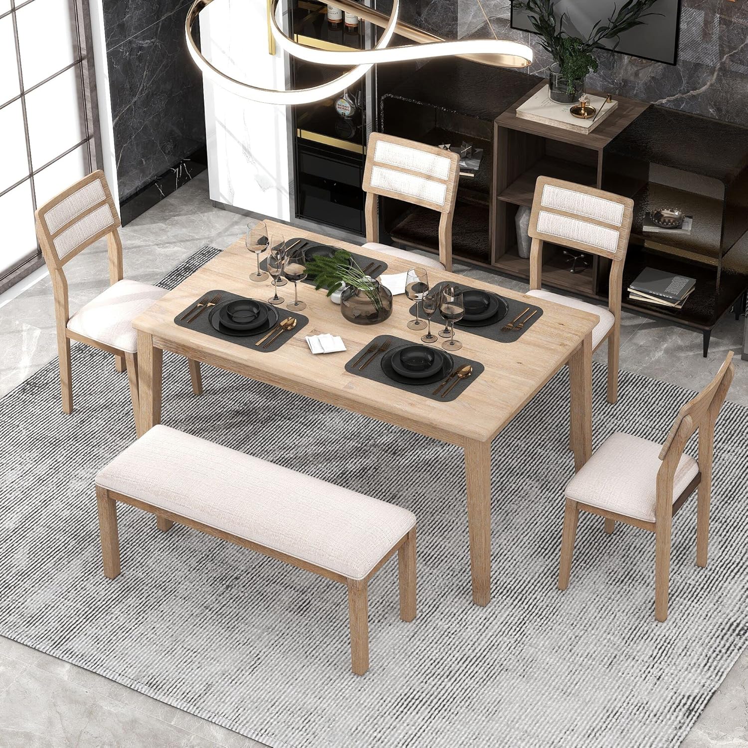 6Piece Dining Table Set Wood Rectangular Counter Dining