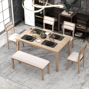 Wood Dining Table Set for 6 with Dining Table and 4 Upholstered Dining Chairs & Bench, Kitchen Table and Chairs for 6 ,Classic and Traditional Style Dining Set for Living Room Natural Wood Wash