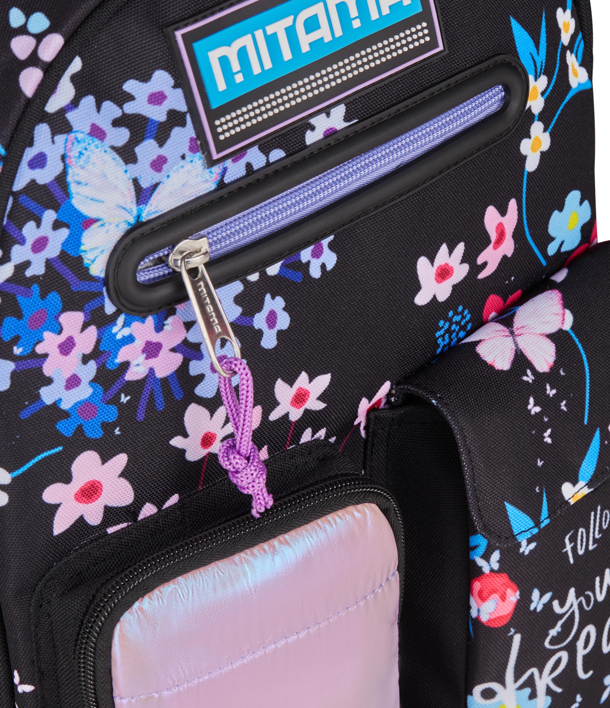 Mitama Zaino Scuola Elementare M-Power TrendyFlowers, Triplo Scomparto, Ragazzi e Ragazze, Tasca Porta Borraccia, Schienale Imbottito, viola