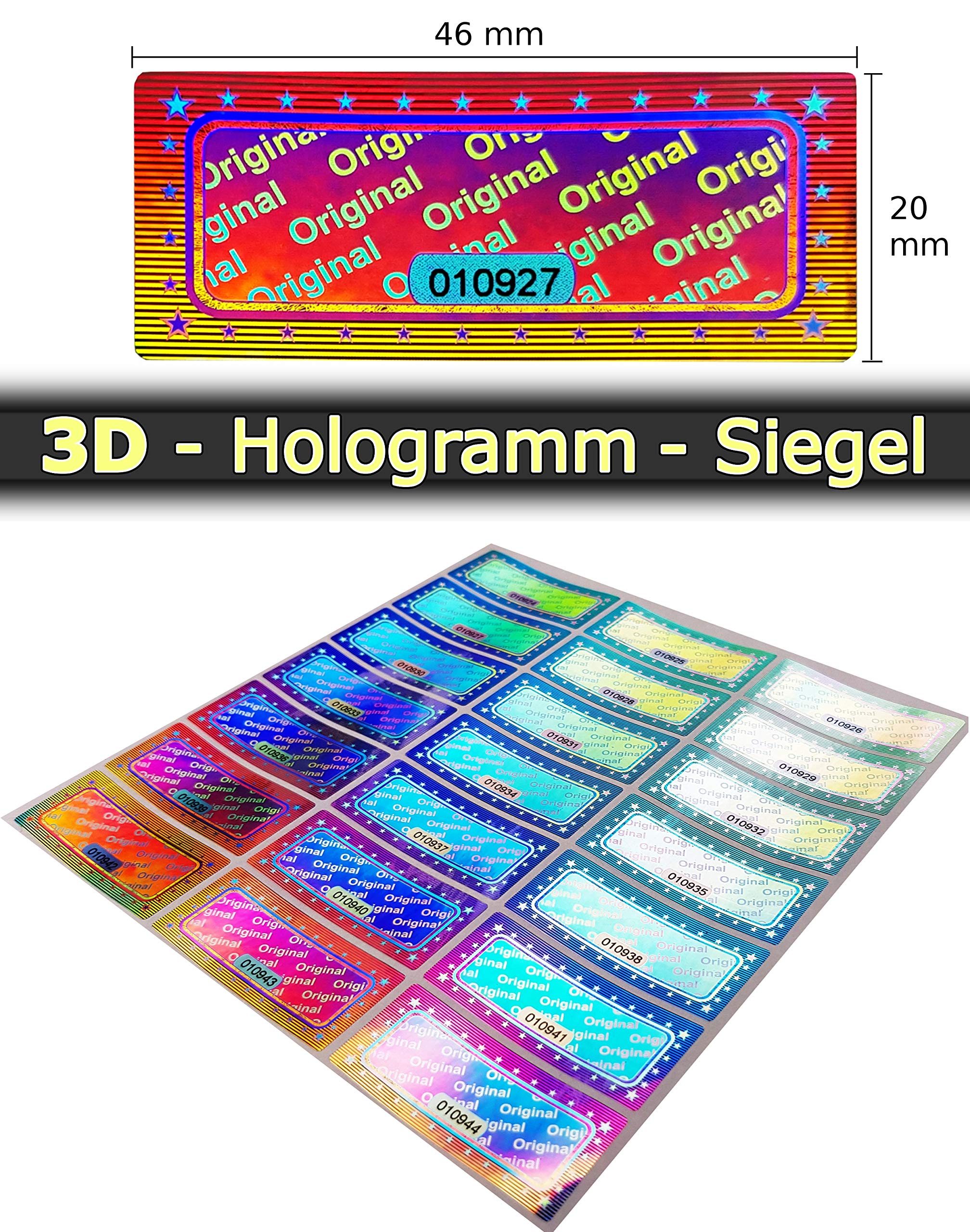 1000 pezzi – 3D ologramma originale con numero di serie – 46 x 20 mm argento lucido – sigillo di sicurezza, sigillo di qualità, sigillo di garanzia, etichette di sicurezza, etichette adesive
