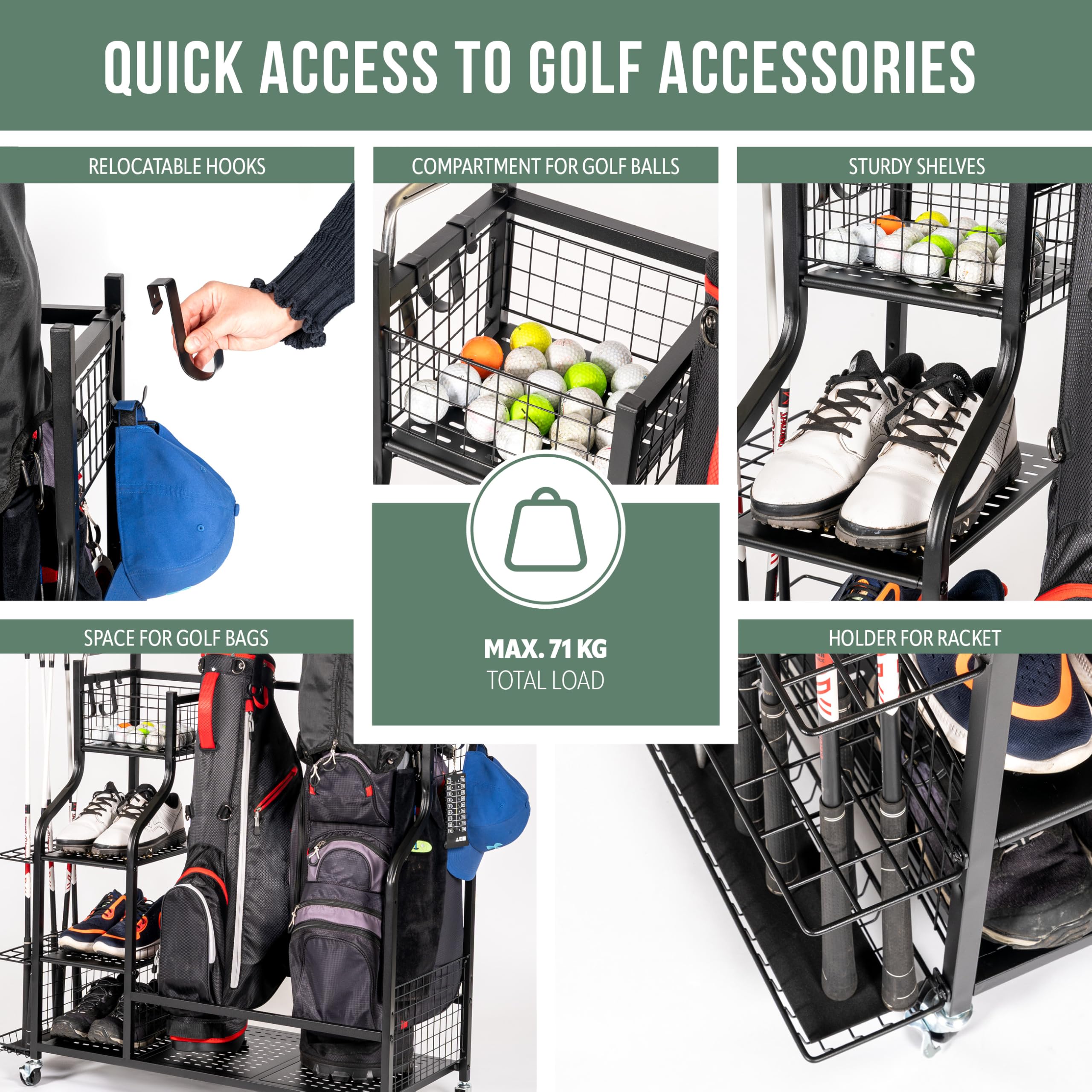 eluno Organizador de bolsas de golf con estantes estables y cestas, estante de almacenamiento para 2 bolsas de golf y accesorios de equipo de golf, soporte para bolsas de golf, de acero negro