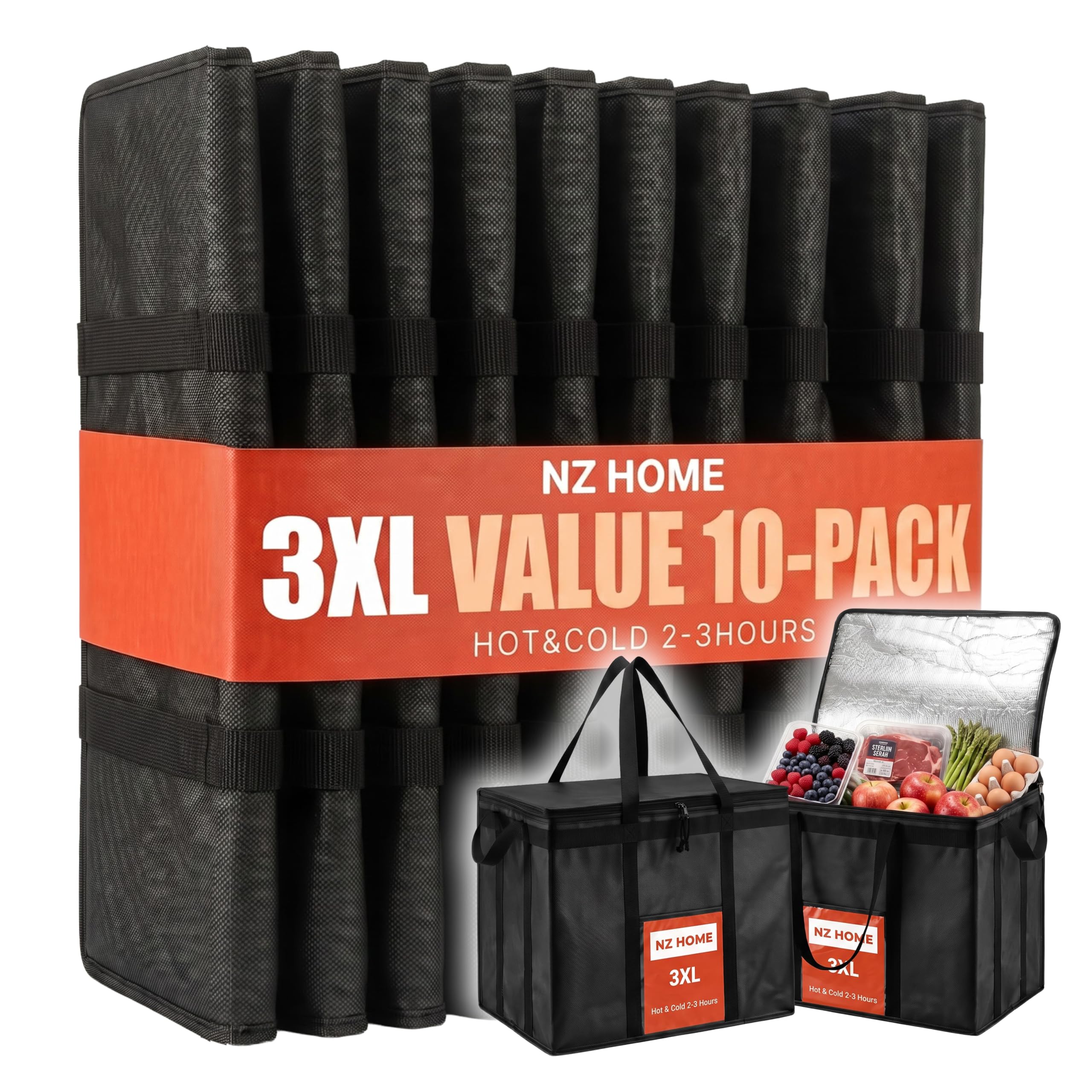 NZ home Insulated Food Bag, Portable Cooler Tote (3XL, Black, 10 Pack)