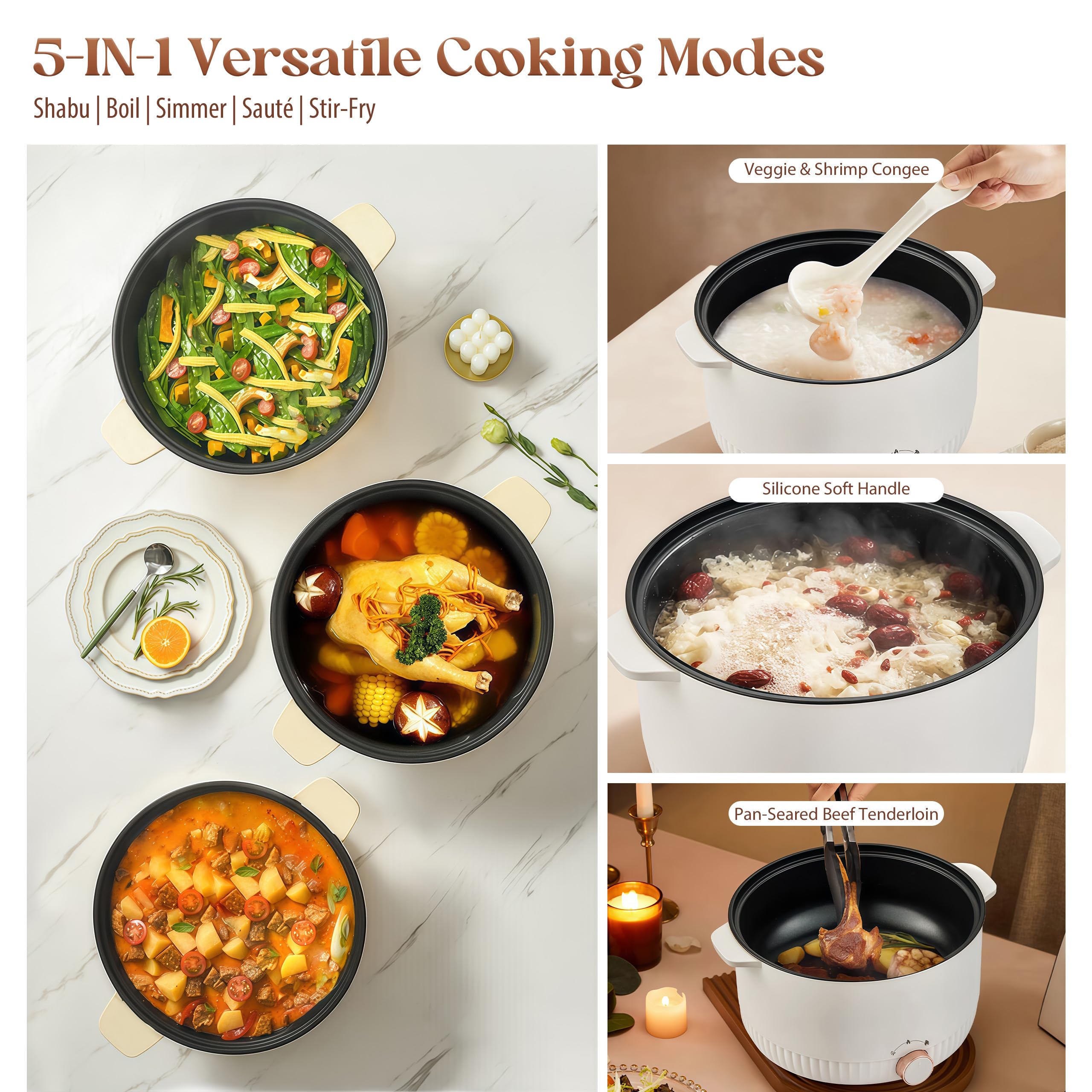 Elektrischer Hot Pot mit Dampfeinsatz, 5L Elektrische Hot Pot, 1350W Hotpot Topf, Tragbare Antihaft Multikocher für Braten Ramen Fondue Suppe, Elektropfanne für Zuhause, Büro, Schlafsaal