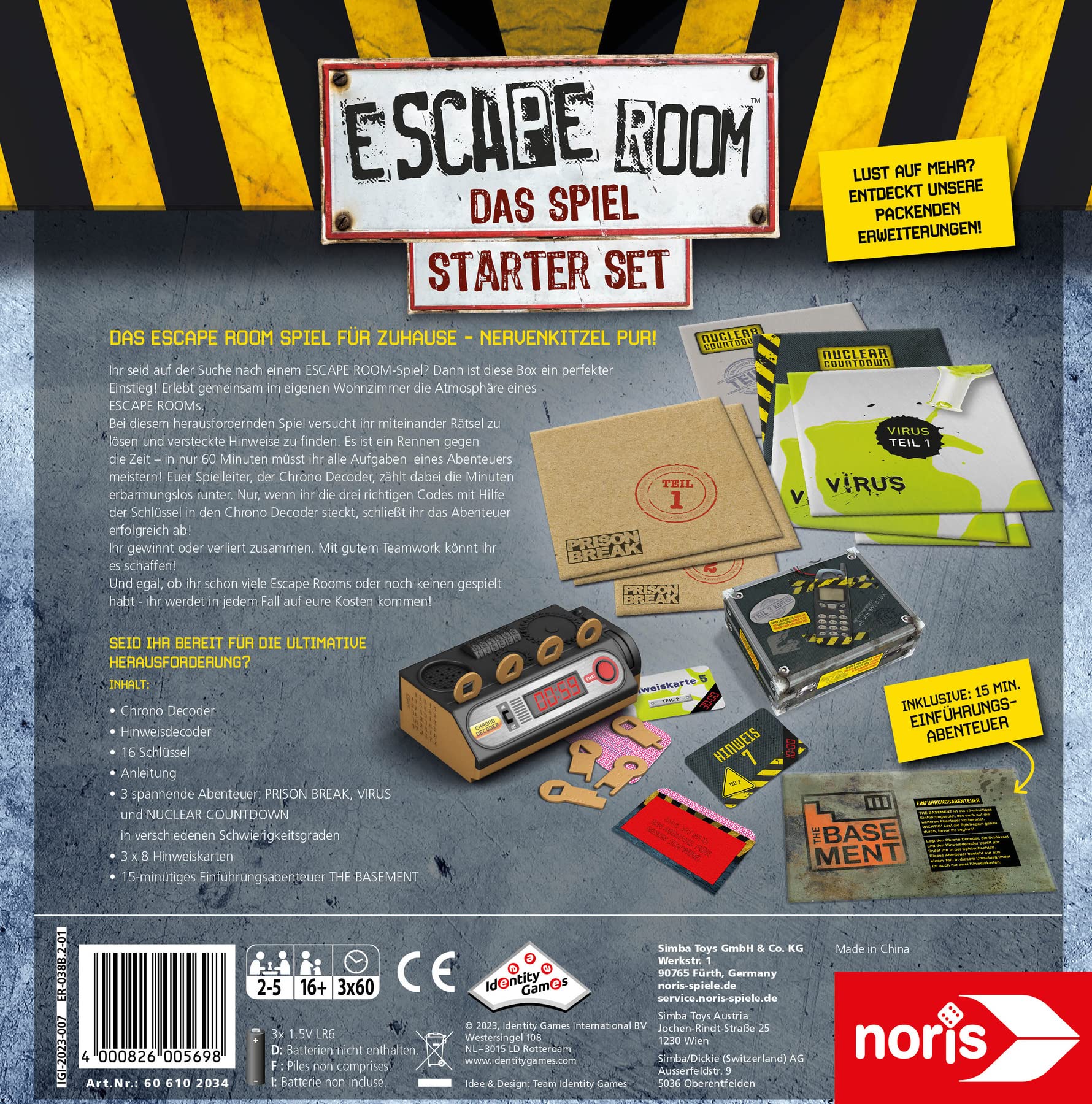 Noris 606102034 Escape Room Starter Set Familias y Juego de Mesa para Adultos Incluye 3 Casos, Turorial y Decodificador Chrono, a Partir de 16 Años, Multicolor