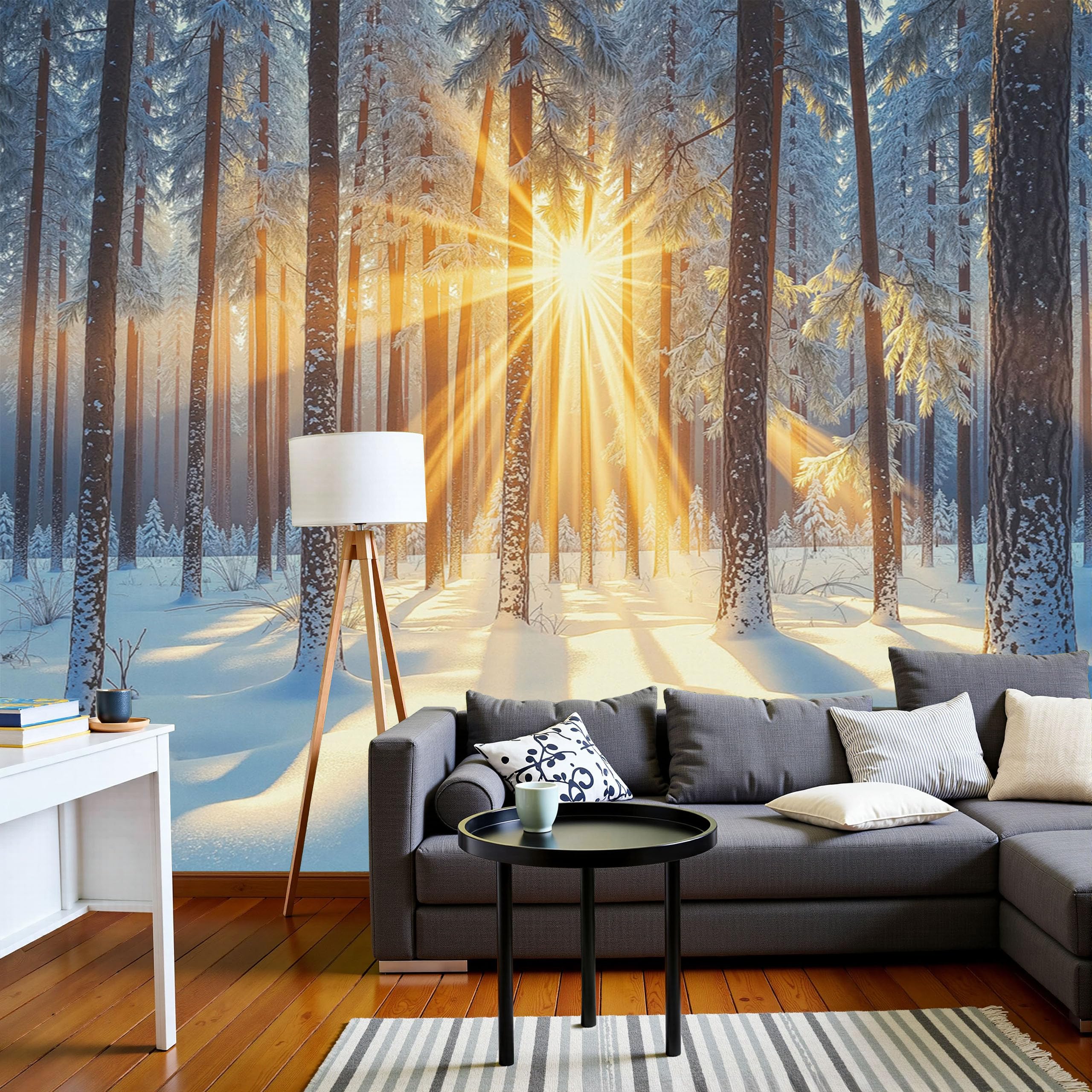 Papier peint soie panoramique forêt enneigée déco murale 300x210