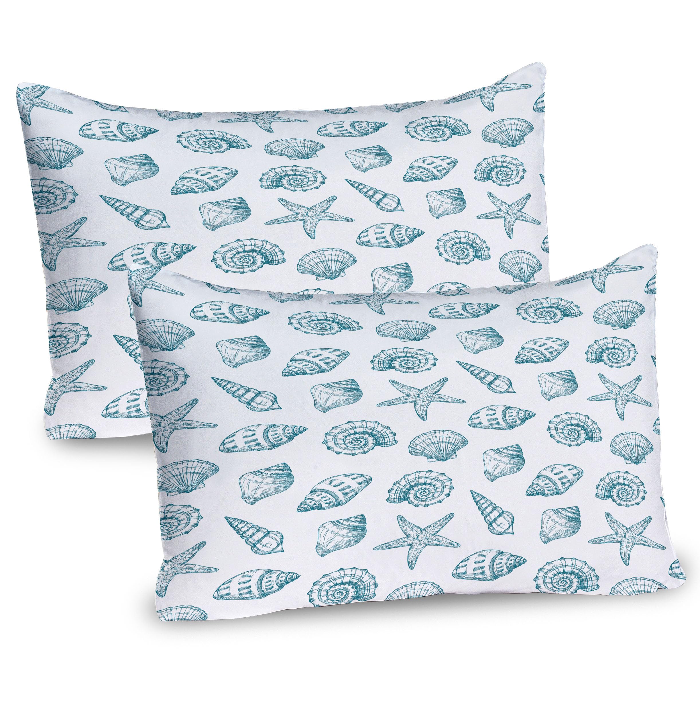 Ambesonne Ocean Pillow Sham Set of 2, Beach Sea Shells Nautical Starfish Cockleshell Starfish Aquatic Illustration, Quality Microfiber Bedding Item for All Seasons, 30" x 20", Petrol Blue White